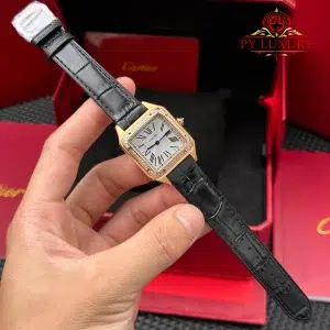 Cartier Santos Dumont Small Model Rose Gold Diamond Bezel Silver Dial Leather Strap Replica AF