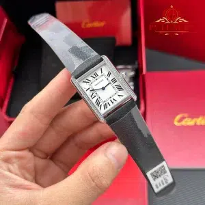 Cartier Tank Solo Large Model Silver Dial Steel Diamond Bezel Leather Strap Best Replica AF