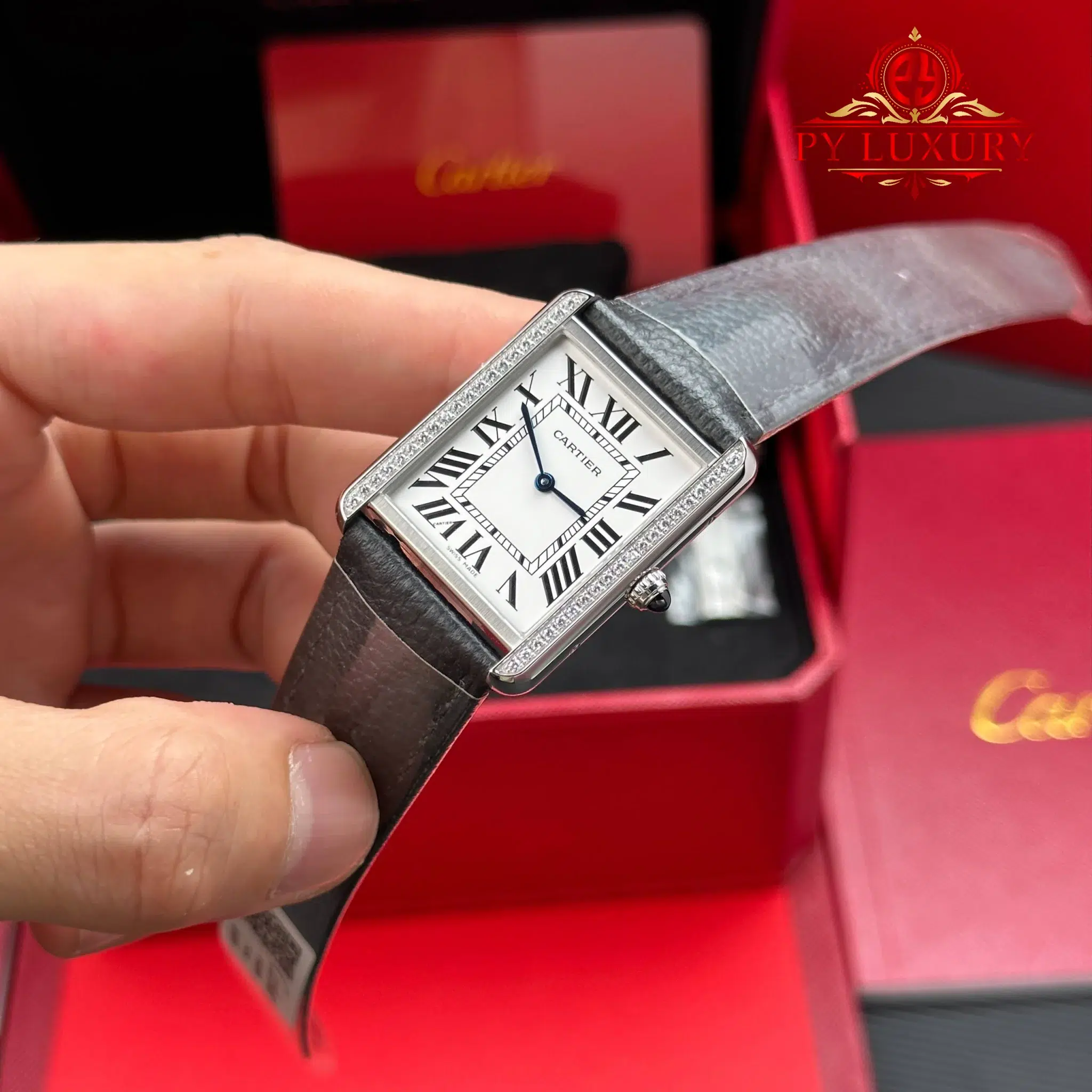 Cartier Tank Solo Large Model Silver Dial Steel Diamond Bezel Leather Strap Best Replica - 2