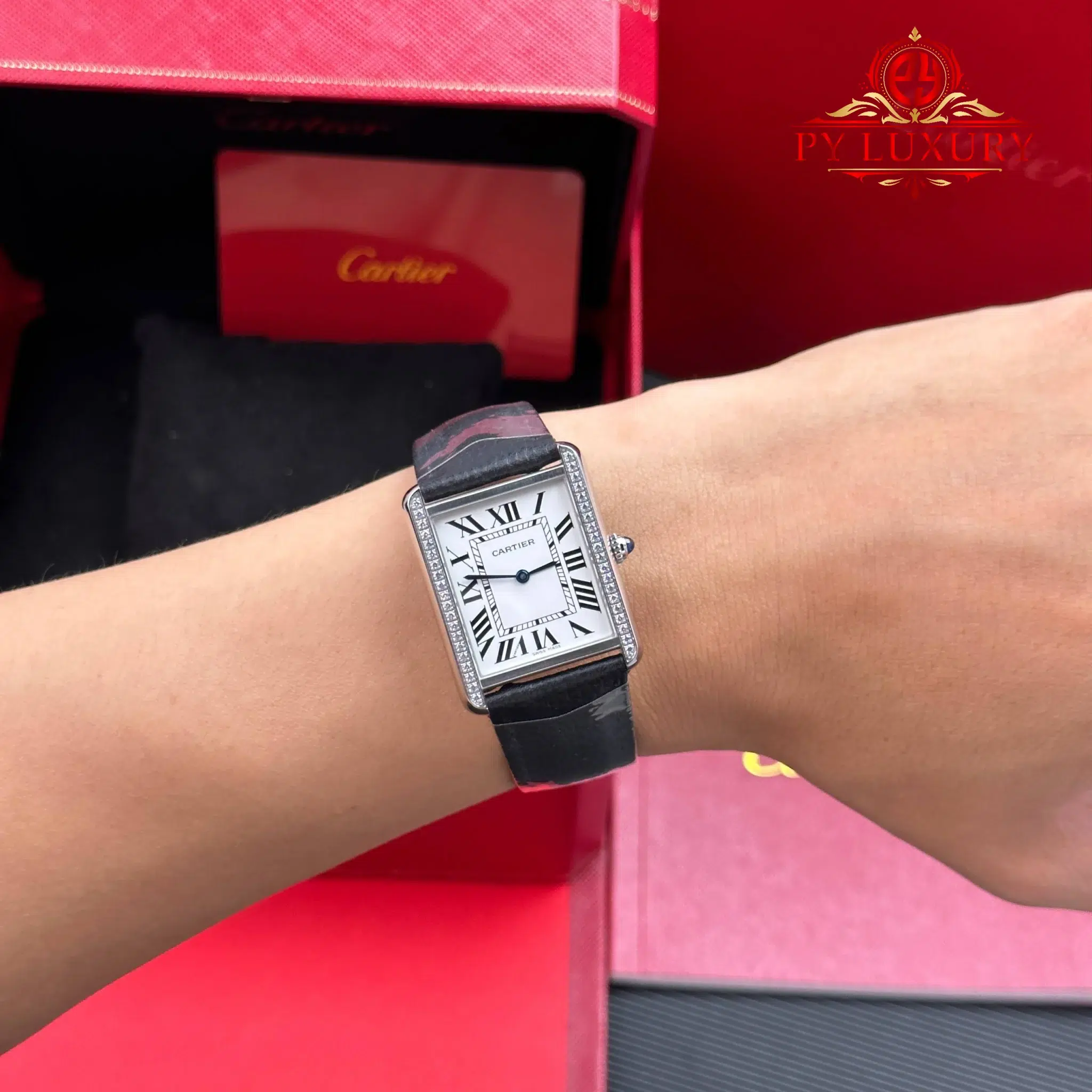 Cartier Tank Solo Large Model Silver Dial Steel Diamond Bezel Leather Strap Best Replica - 3