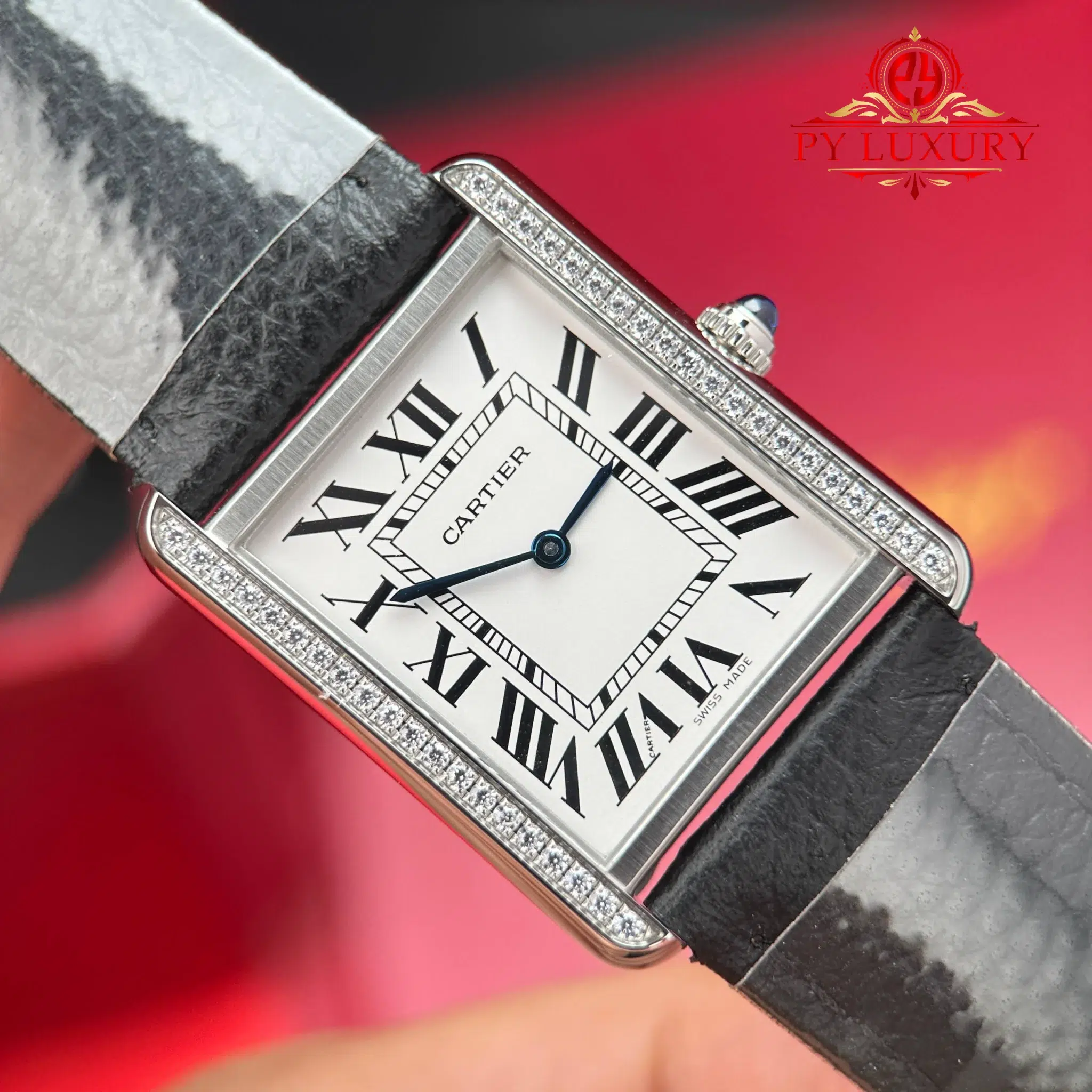 Cartier Tank Solo Large Model Silver Dial Steel Diamond Bezel Leather Strap Best Replica - 4