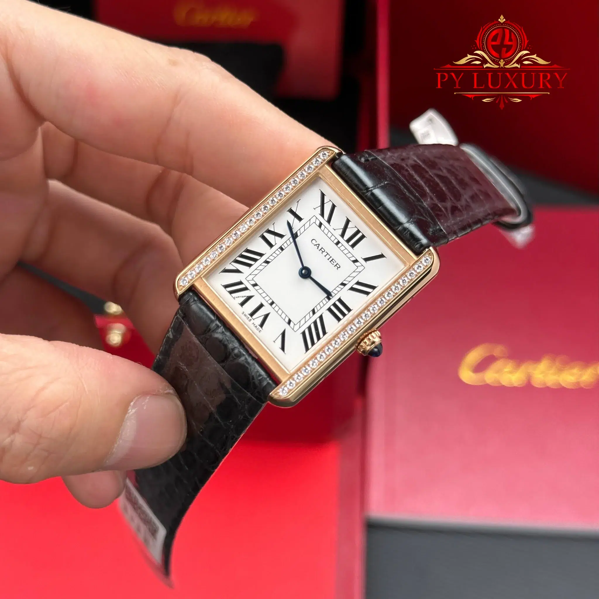 Cartier Tank Solo Large Model W5200025 Rose Gold Diamond Bezel Leather Strap - 2