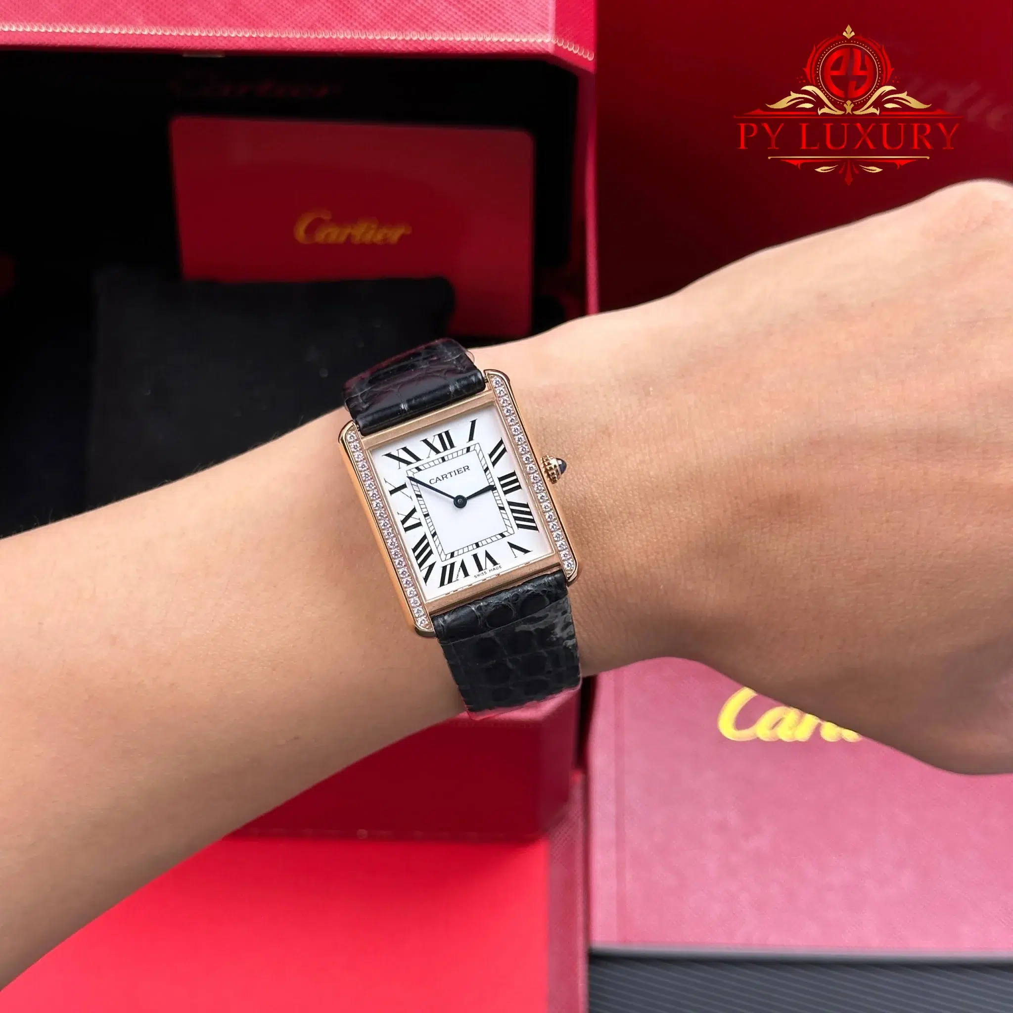 Cartier Tank Solo Large Model W5200025 Rose Gold Diamond Bezel Leather Strap - 3