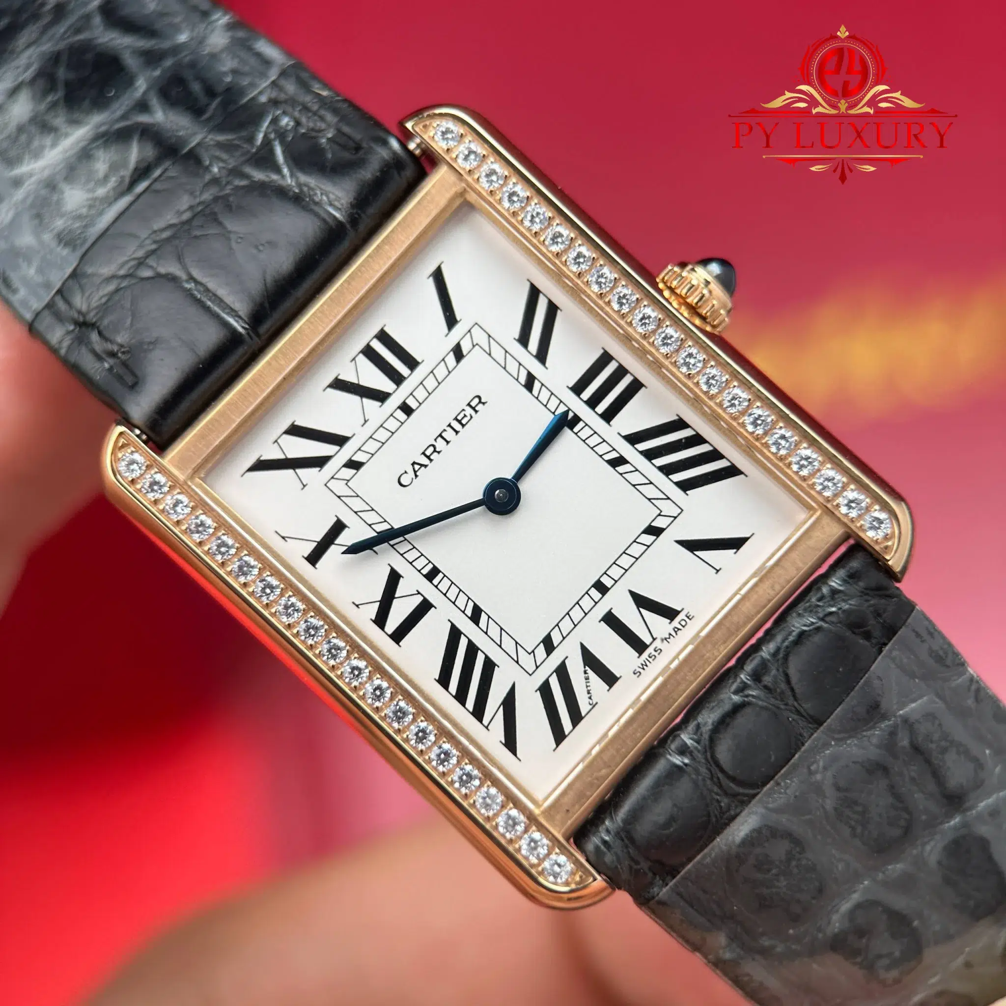 Cartier Tank Solo Large Model W5200025 Rose Gold Diamond Bezel Leather Strap - 4