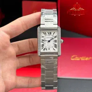 Cartier Tank Solo XL Automatic Silver Dial Diamond Bezel Steel Bracelet Best Replica AF