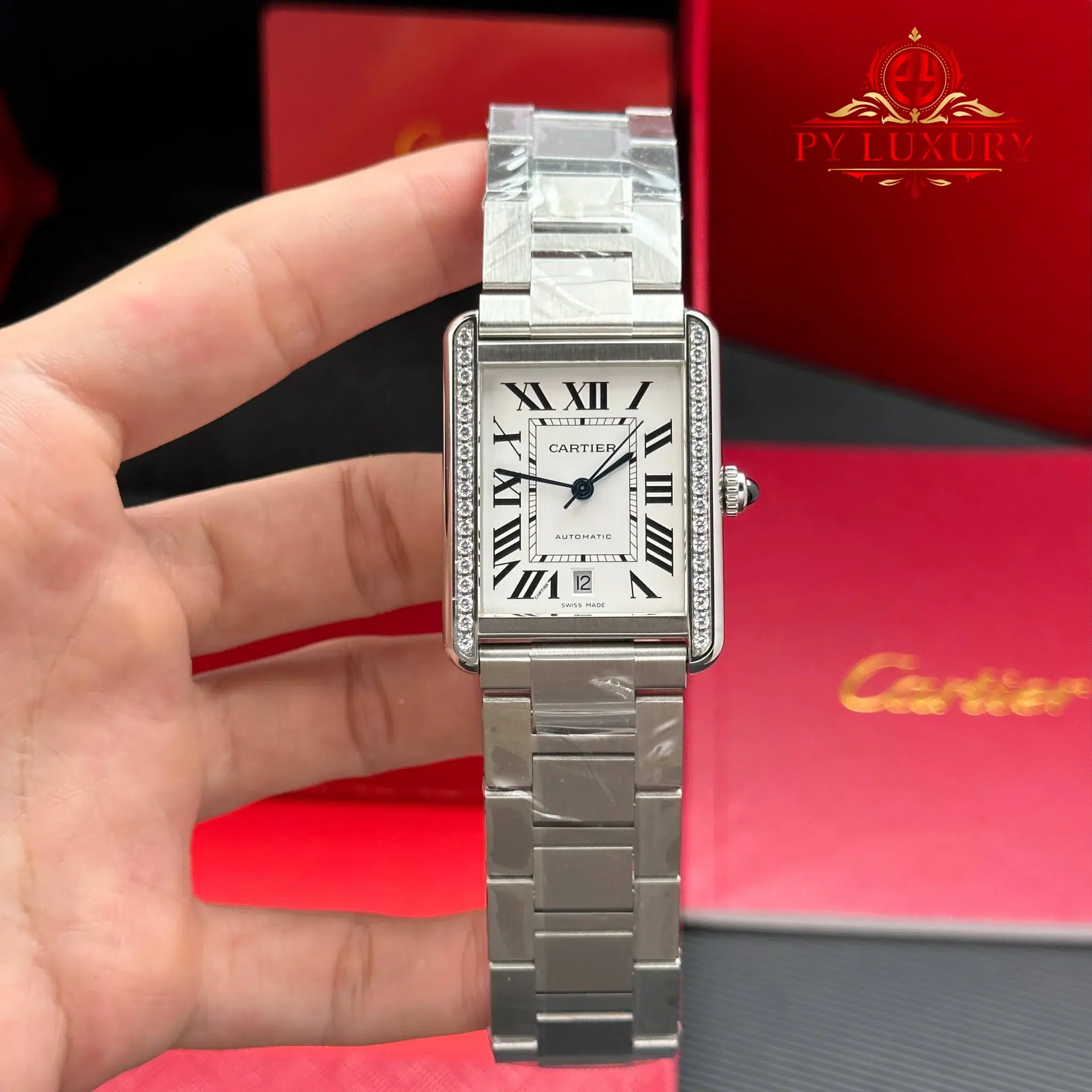 Cartier Tank Solo XL Automatic Silver Dial Diamond Bezel Steel Bracelet - 1 Cartier Tank Solo XL Automatic Silver Dial Diamond Bezel Steel Bracelet Best Replica AF