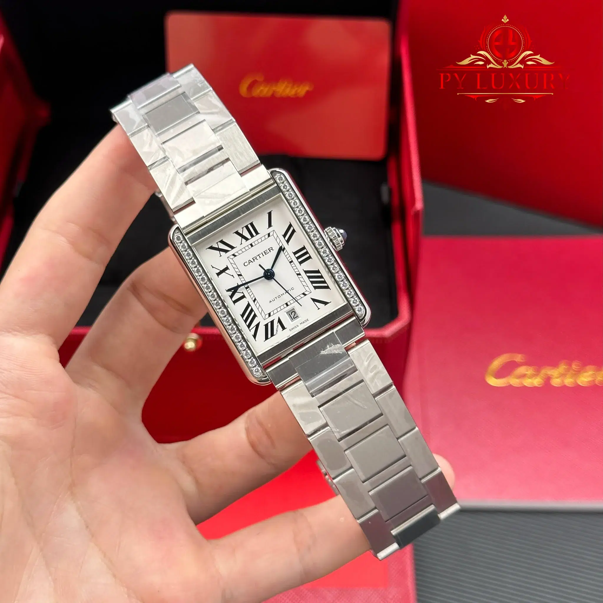 Cartier Tank Solo XL Automatic Silver Dial Diamond Bezel Steel Bracelet - 2