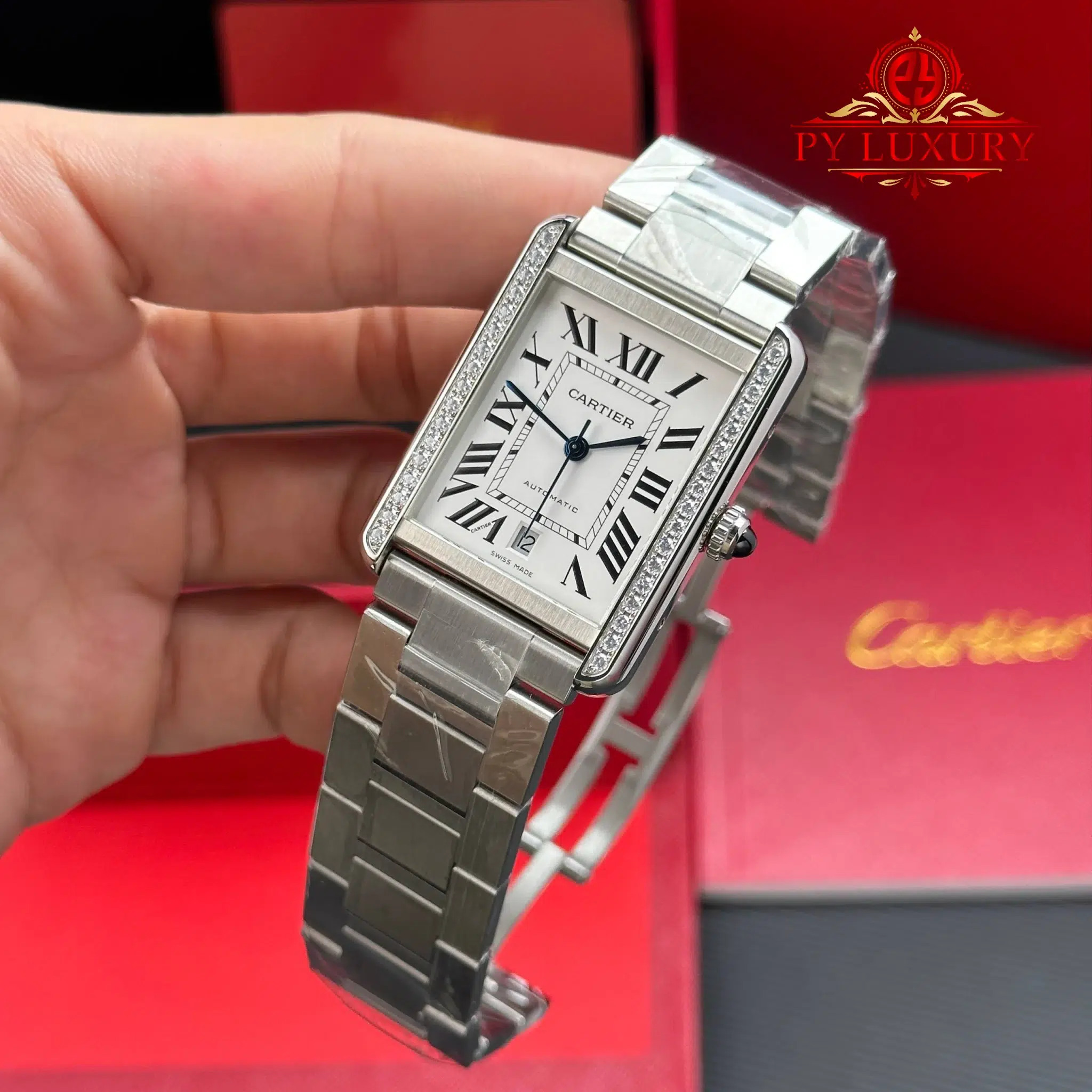 Cartier Tank Solo XL Automatic Silver Dial Diamond Bezel Steel Bracelet - 3
