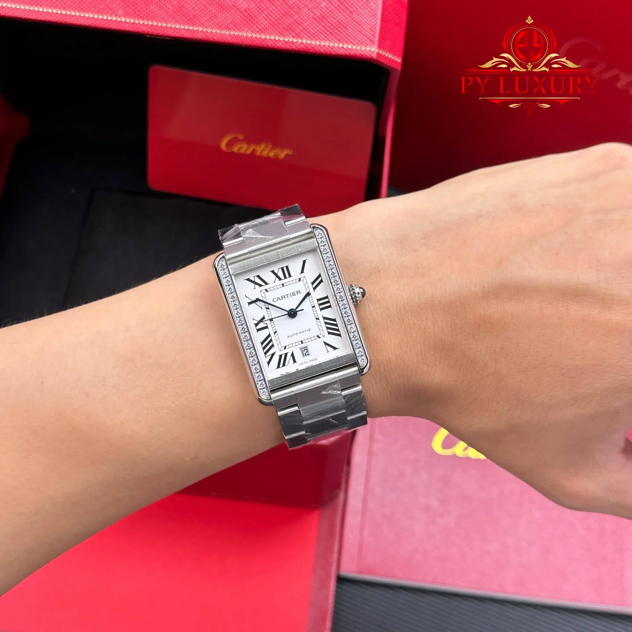 Cartier Tank Solo XL Automatic Silver Dial Diamond Bezel Steel Bracelet - 4