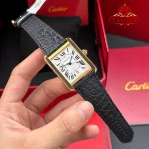 Cartier Tank Solo XL Automatic Yellow Gold Black Leather Strap Best Replica AF