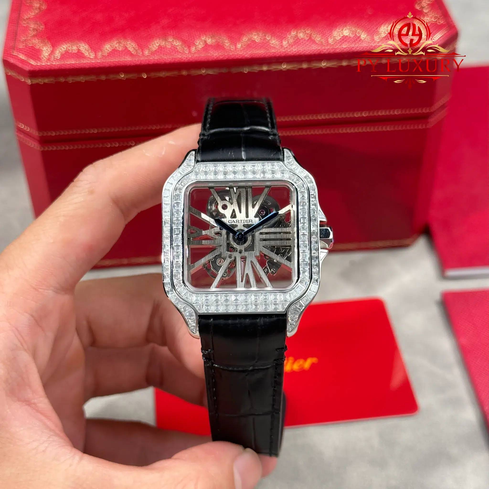 Cartier Santos De Cartier Skeleton HPI01500 Large Model Custom Moissanite Leather Strap - 2