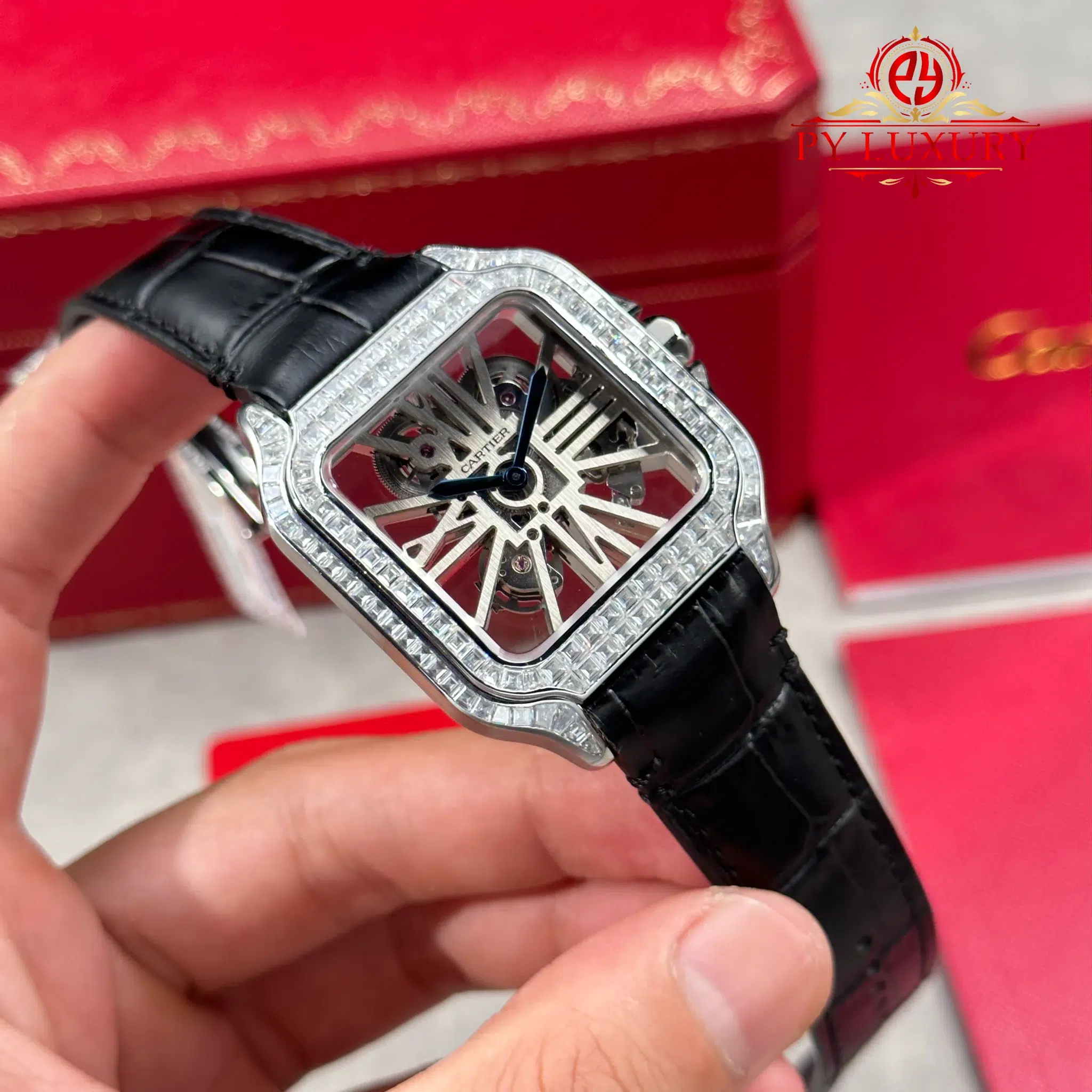Cartier Santos De Cartier Skeleton HPI01500 Large Model Custom Moissanite Leather Strap - 3