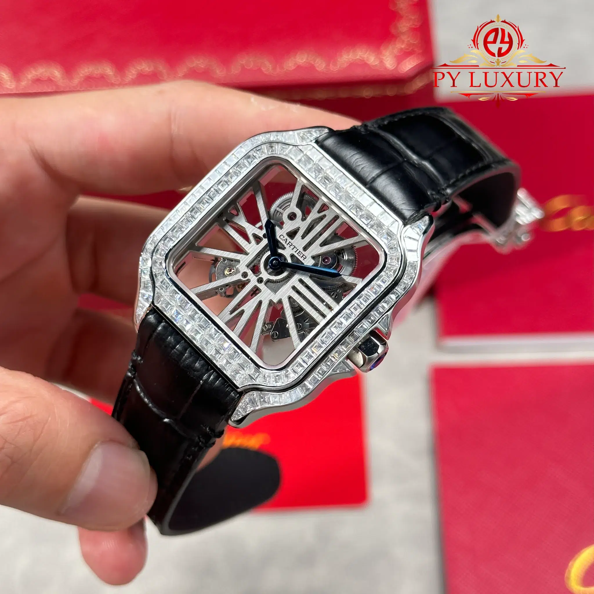 Cartier Santos De Cartier Skeleton HPI01500 Large Model Custom Moissanite Leather Strap - 4