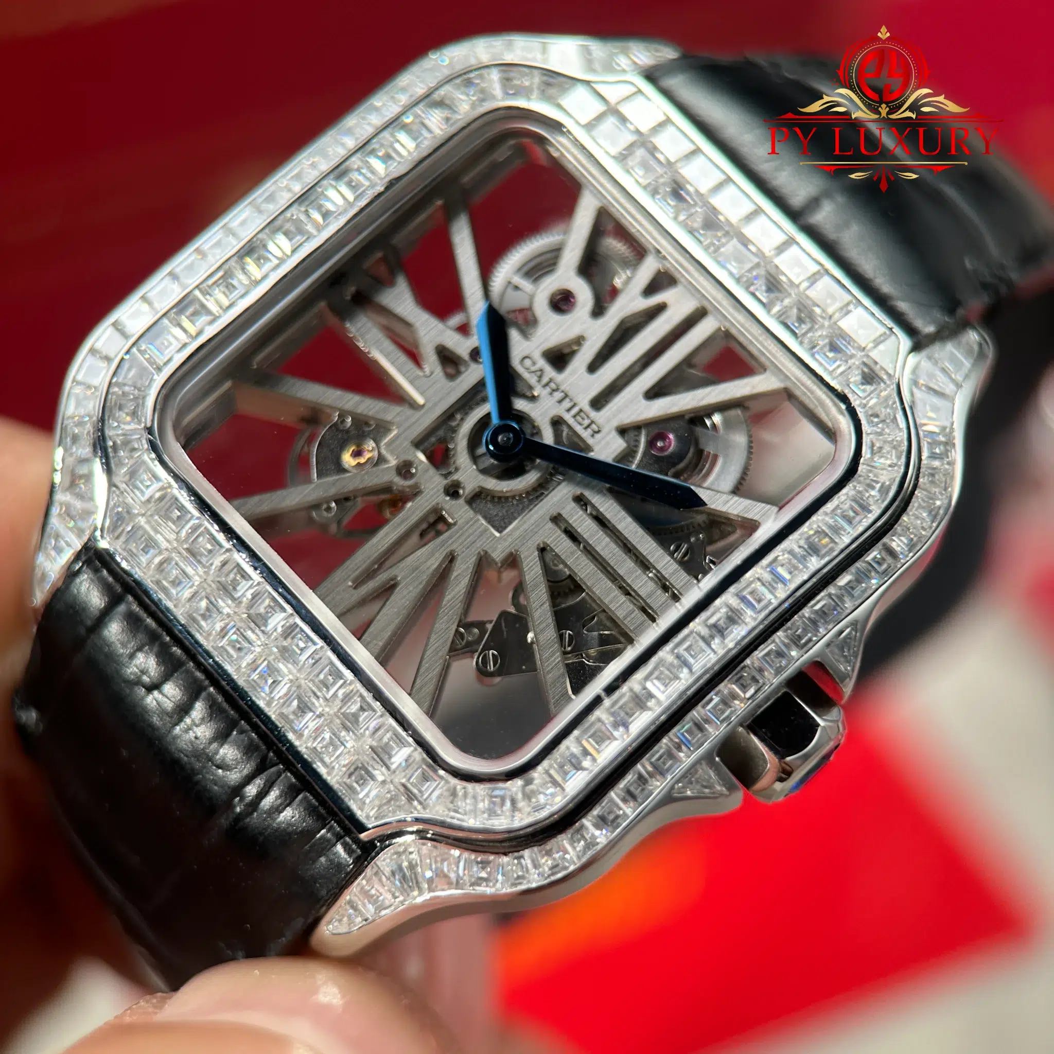 Cartier Santos De Cartier Skeleton HPI01500 Large Model Custom Moissanite Leather Strap - 5