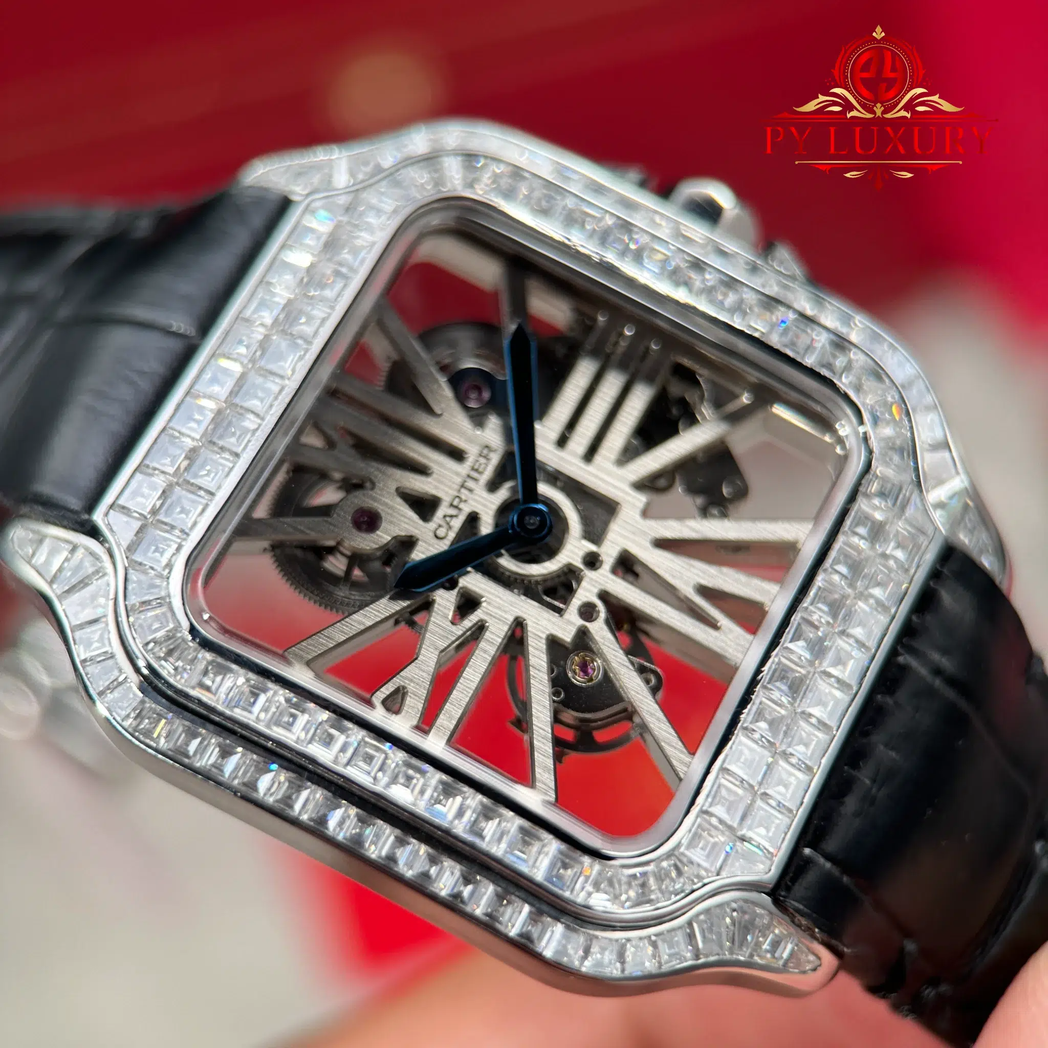 Cartier Santos De Cartier Skeleton HPI01500 Large Model Custom Moissanite Leather Strap - 6
