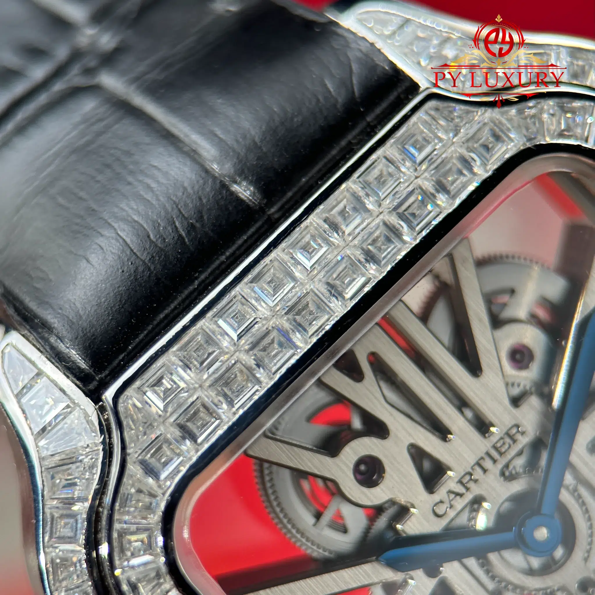 Cartier Santos De Cartier Skeleton HPI01500 Large Model Custom Moissanite Leather Strap - 8