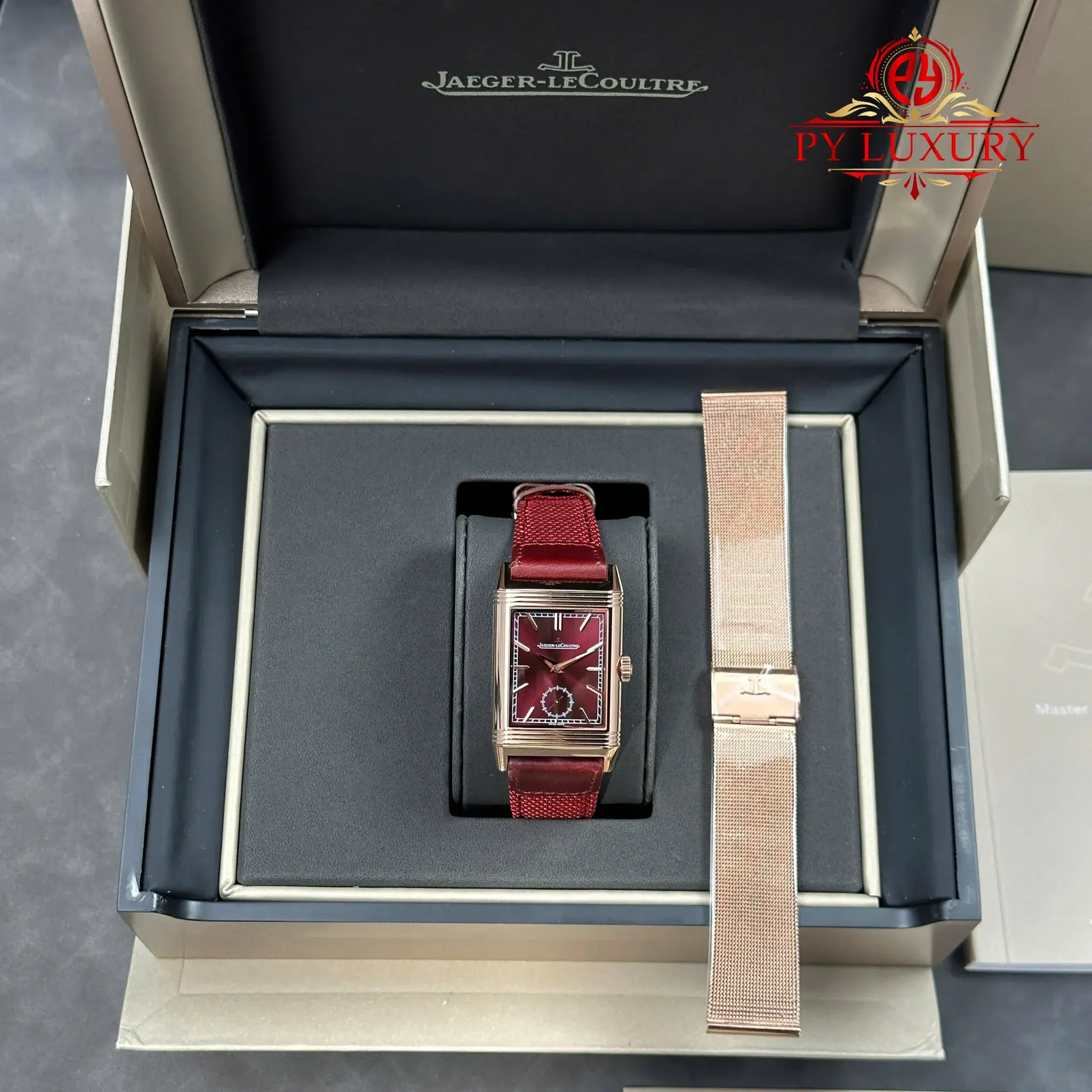 Jaeger-LeCoultre Reverso Tribute Duoface Q398256J Rose Gold Burgundy Red & Silvered Grey Dial Best Replica JJF - 1 Jaeger-LeCoultre Reverso Tribute Duoface Q398256J Rose Gold Burgundy Red & Silvered Grey Dial Best Replica JJF 47x28.3mm