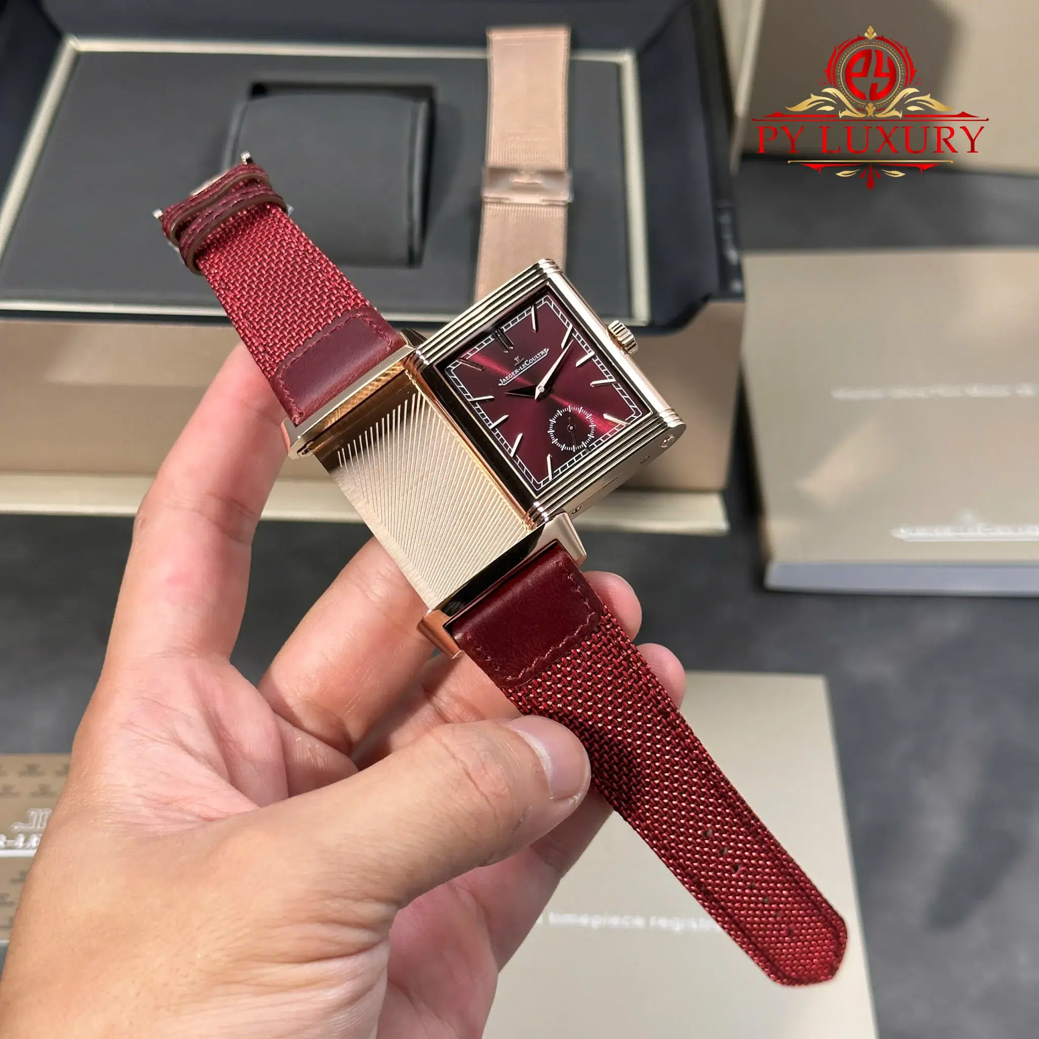 Jaeger-LeCoultre Reverso Tribute Duoface Q398256J Rose Gold Burgundy Red & Silvered Grey Dial Best Replica JJF - 5