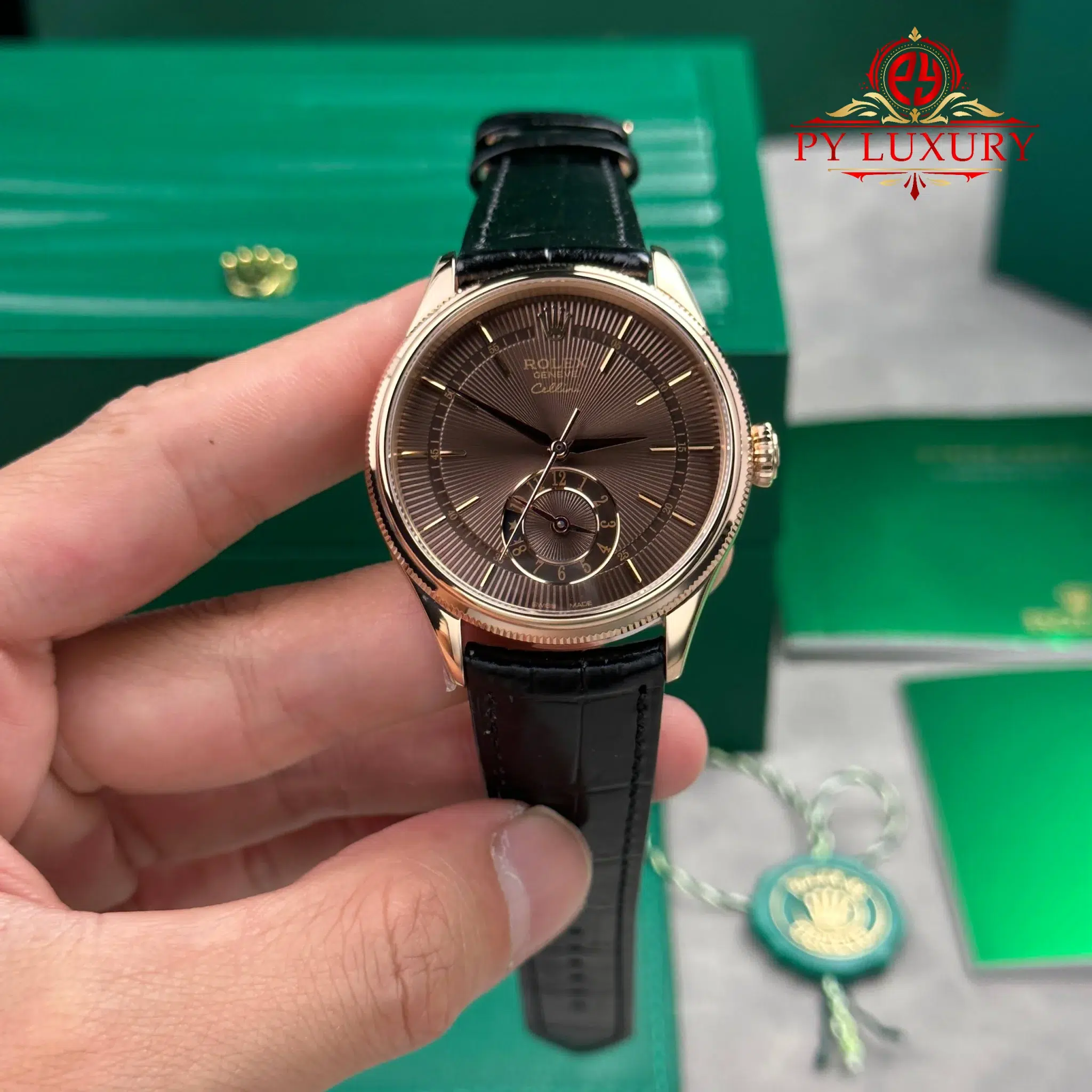 Rolex Cellini Dual Time 50525 Rose Gold Chocolate Dial Leather Strap - 1 Rolex Cellini Dual Time 50525 Rose Gold Chocolate Dial Leather Strap Best Replica KZF