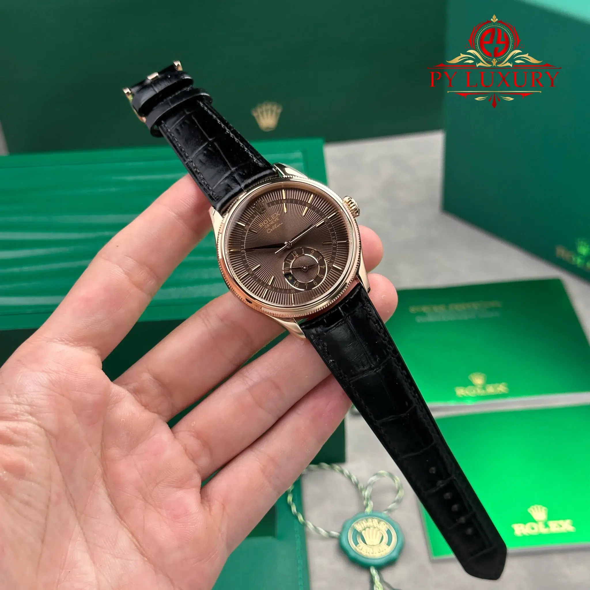 Rolex Cellini Dual Time 50525 Rose Gold Chocolate Dial Leather Strap - 2