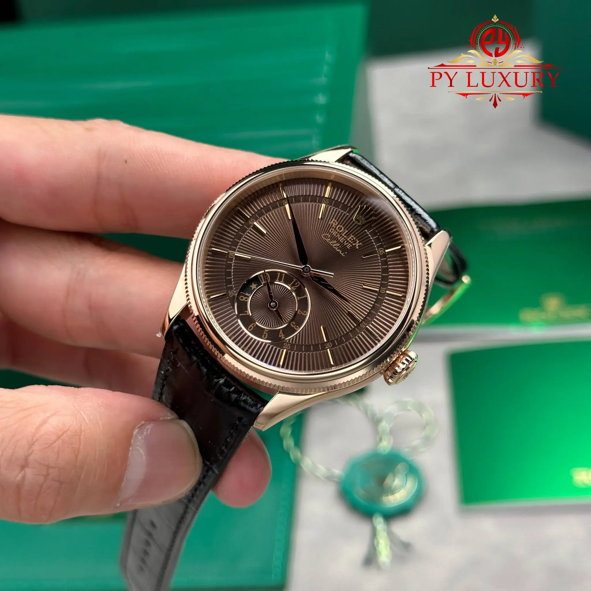 Rolex Cellini Dual Time 50525 Rose Gold Chocolate Dial Leather Strap - 3