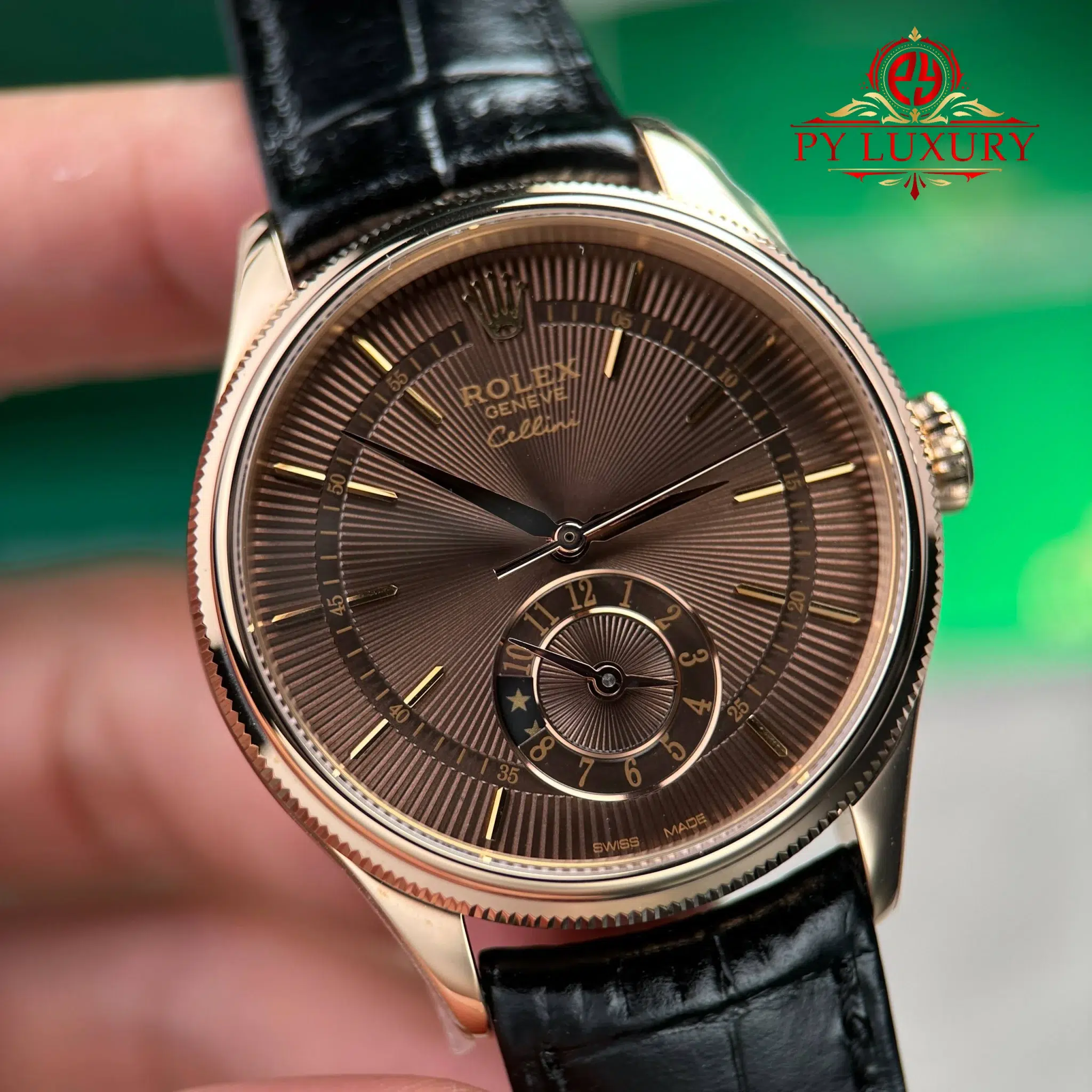 Rolex Cellini Dual Time 50525 Rose Gold Chocolate Dial Leather Strap - 4