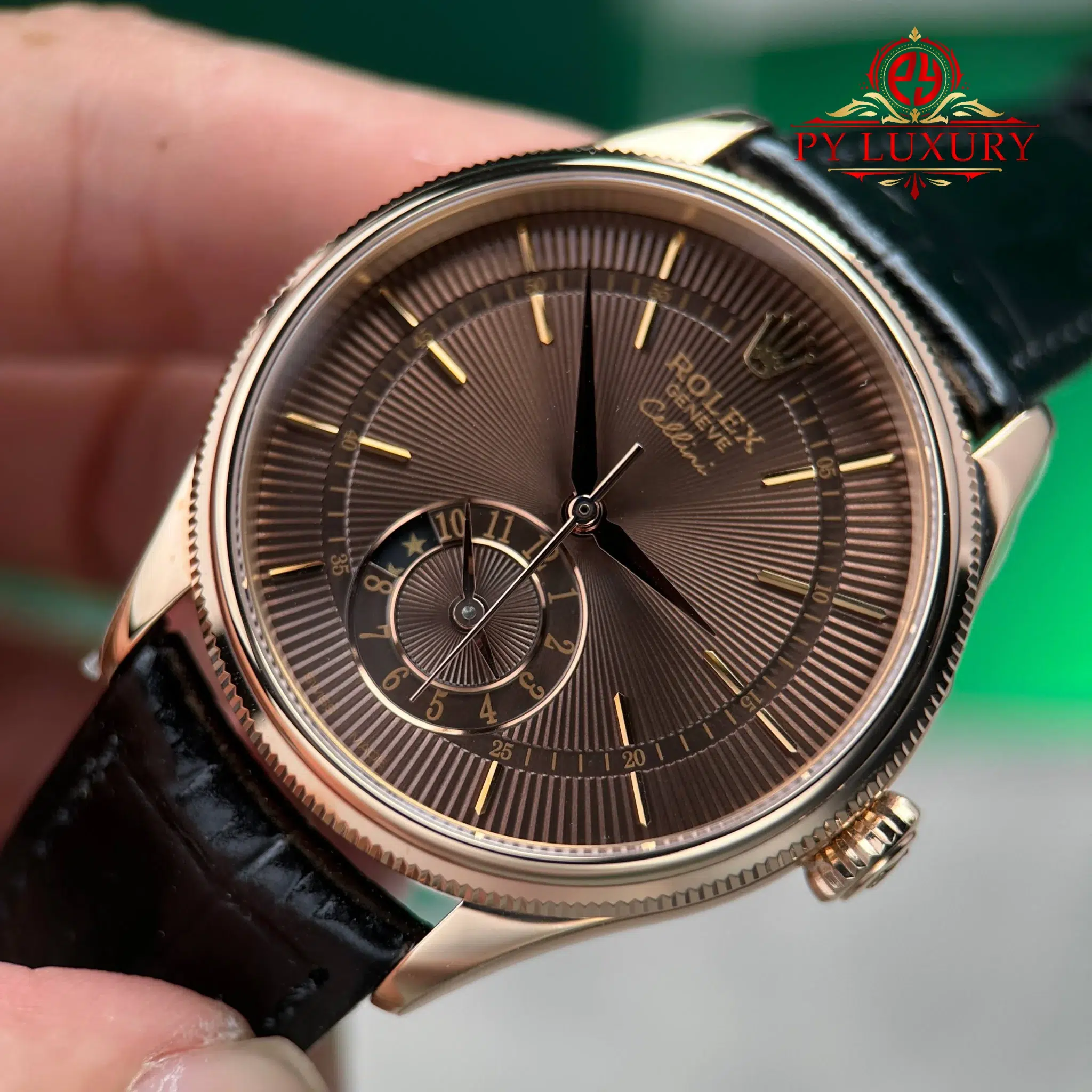 Rolex Cellini Dual Time 50525 Rose Gold Chocolate Dial Leather Strap - 5