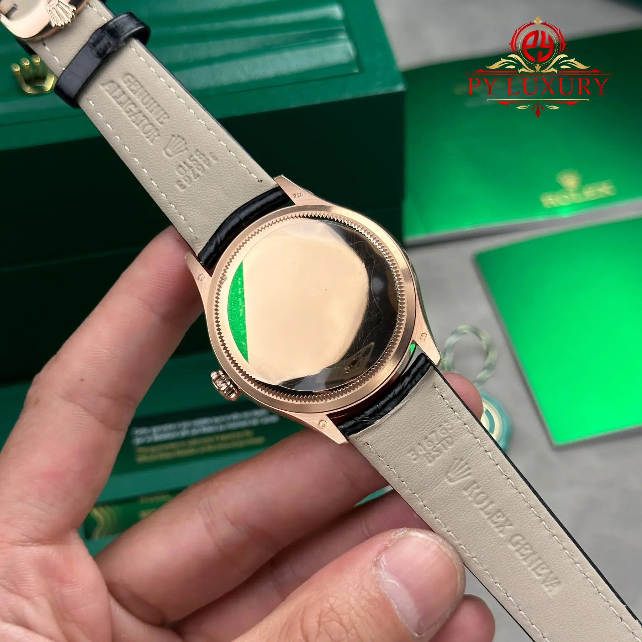 Rolex Cellini Dual Time 50525 Rose Gold Chocolate Dial Leather Strap - 8