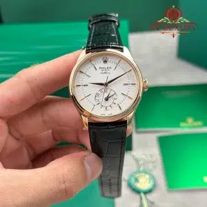 Rolex Cellini Dual Time 50525 Rose Gold Silver Dial Black Leather Strap Best Replica KZF