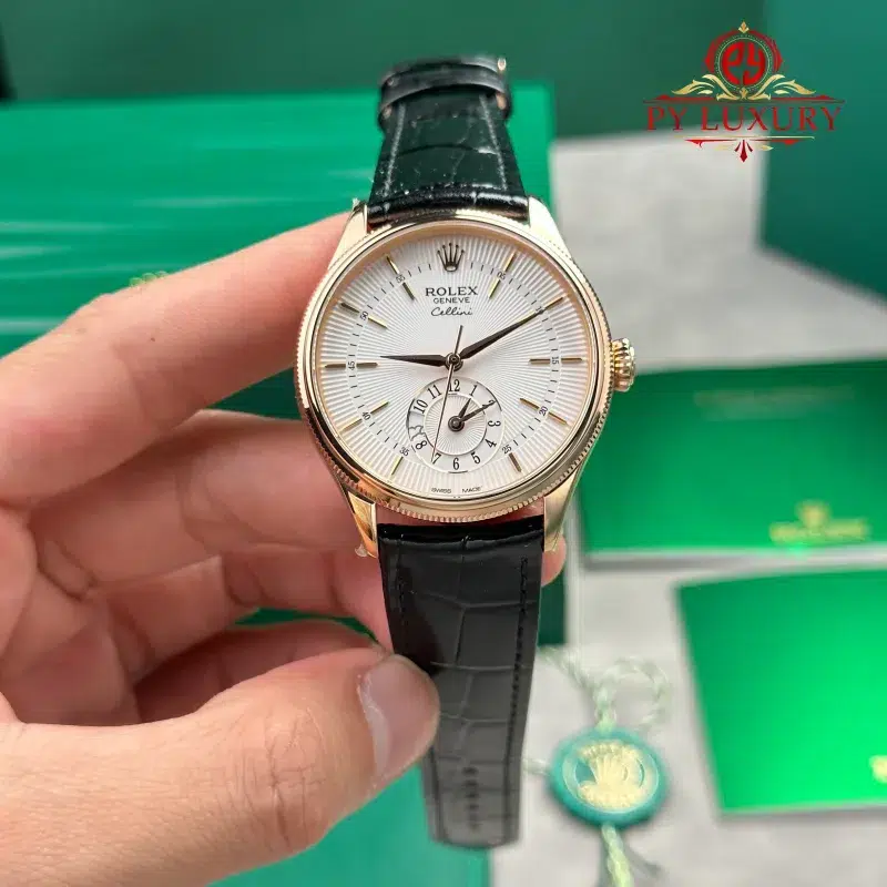 Rolex Cellini Dual Time 50525 Rose Gold Silver Dial Black Leather