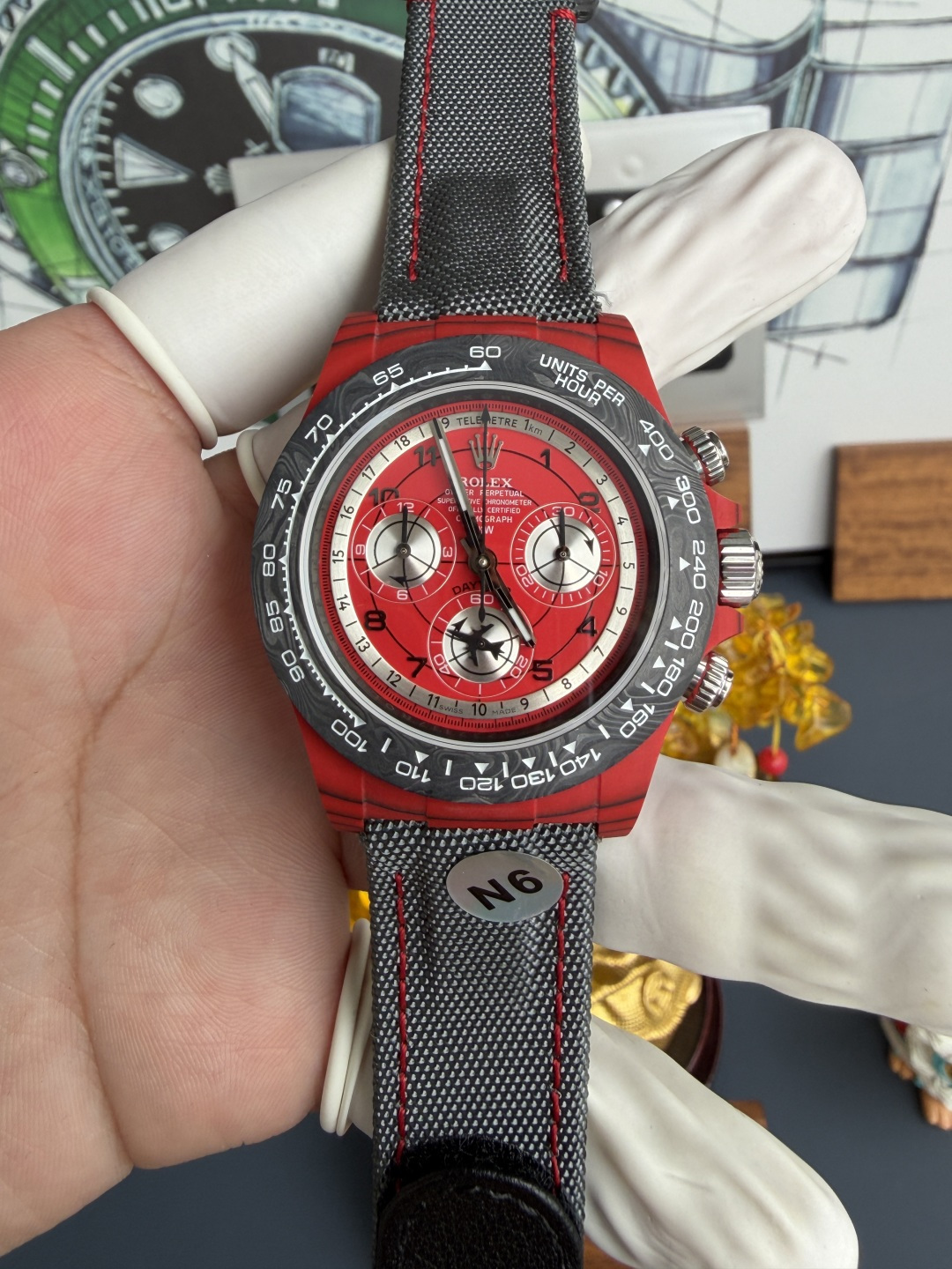 Avia Red Rolex DiW Daytona CarboQuartz Textile Strap Super Clone N6F - 1 Avia Red Rolex DiW Daytona CarboQuartz Textile Strap Super Clone 40mm N6 Factory