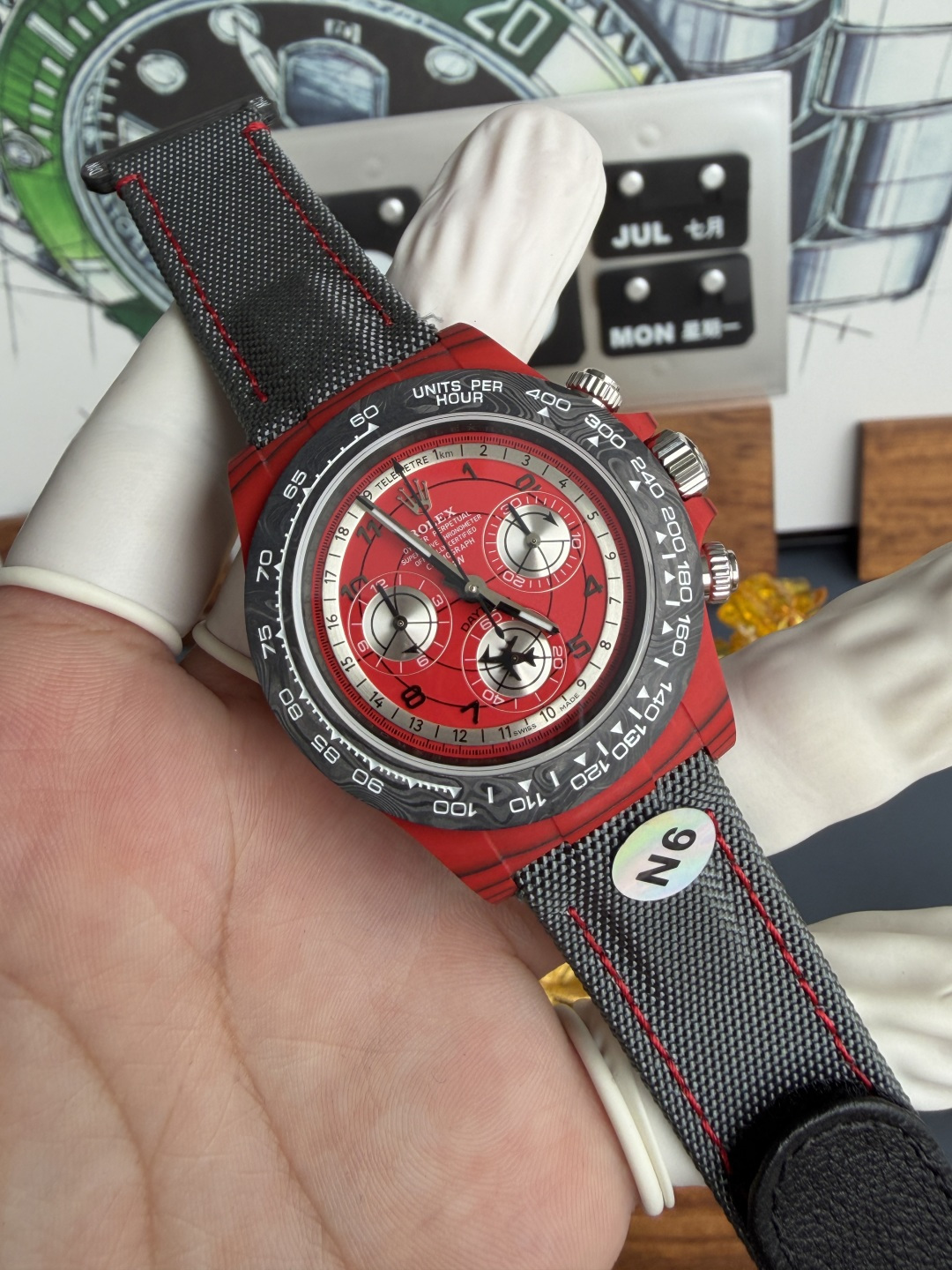 Avia Red Rolex DiW Daytona CarboQuartz Textile Strap Super Clone N6F - 2