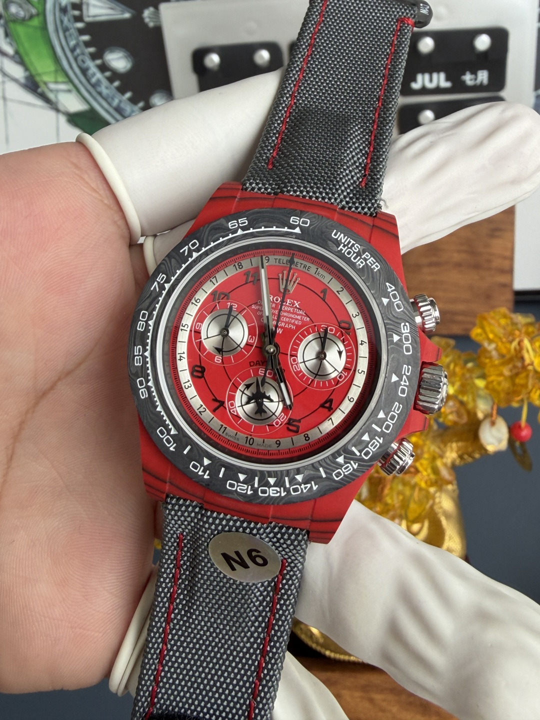 Avia Red Rolex DiW Daytona CarboQuartz Textile Strap Super Clone N6F - 3