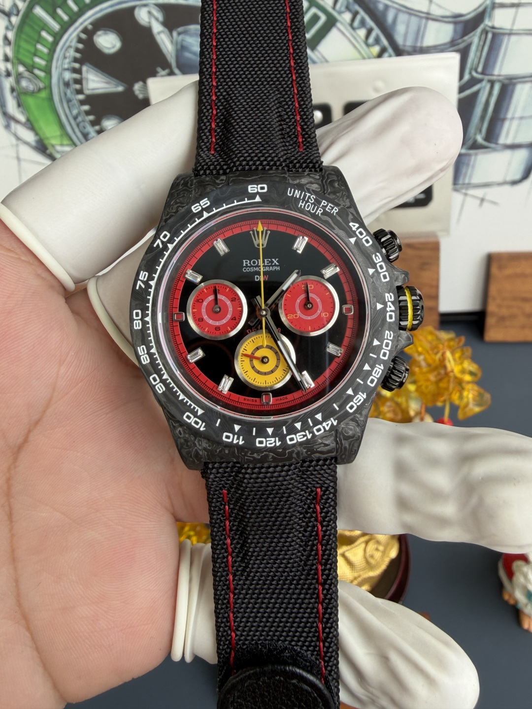 Rolex Daytona DiW F1 Racing Inspired Diamond Index Dial Black Carbon Fiber Super Clone N6F - 1 Rolex Daytona DiW F1 Racing Inspired Diamond Index Dial Black Carbon Fiber Super Clone N6 Factory