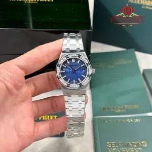 Audemars Piguet Royal Oak 77451BC Smoked Blue Dial Baguette Diamond Bezel Best Replica ZF 34mm