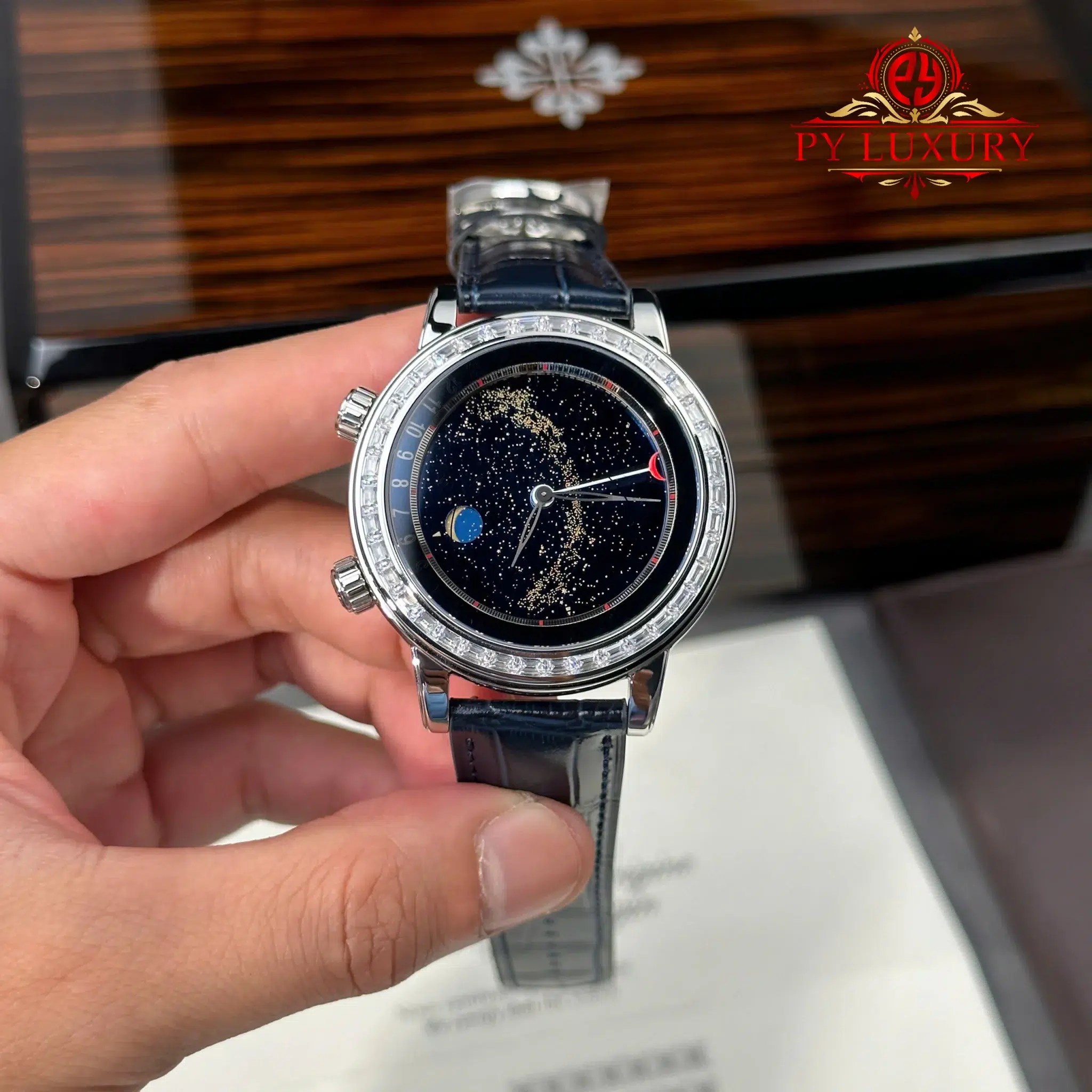 Patek Philippe Grand Complications 6104P-010 Celestial Joaillerie Blue Dial Diamond Baguette Bezel Leather Strap PPF - 1 Patek Philippe Grand Complications Celestial 6104P-010 Blue Dial Diamond Baguette Bezel Leather Strap 1:1 Best Replica PPF