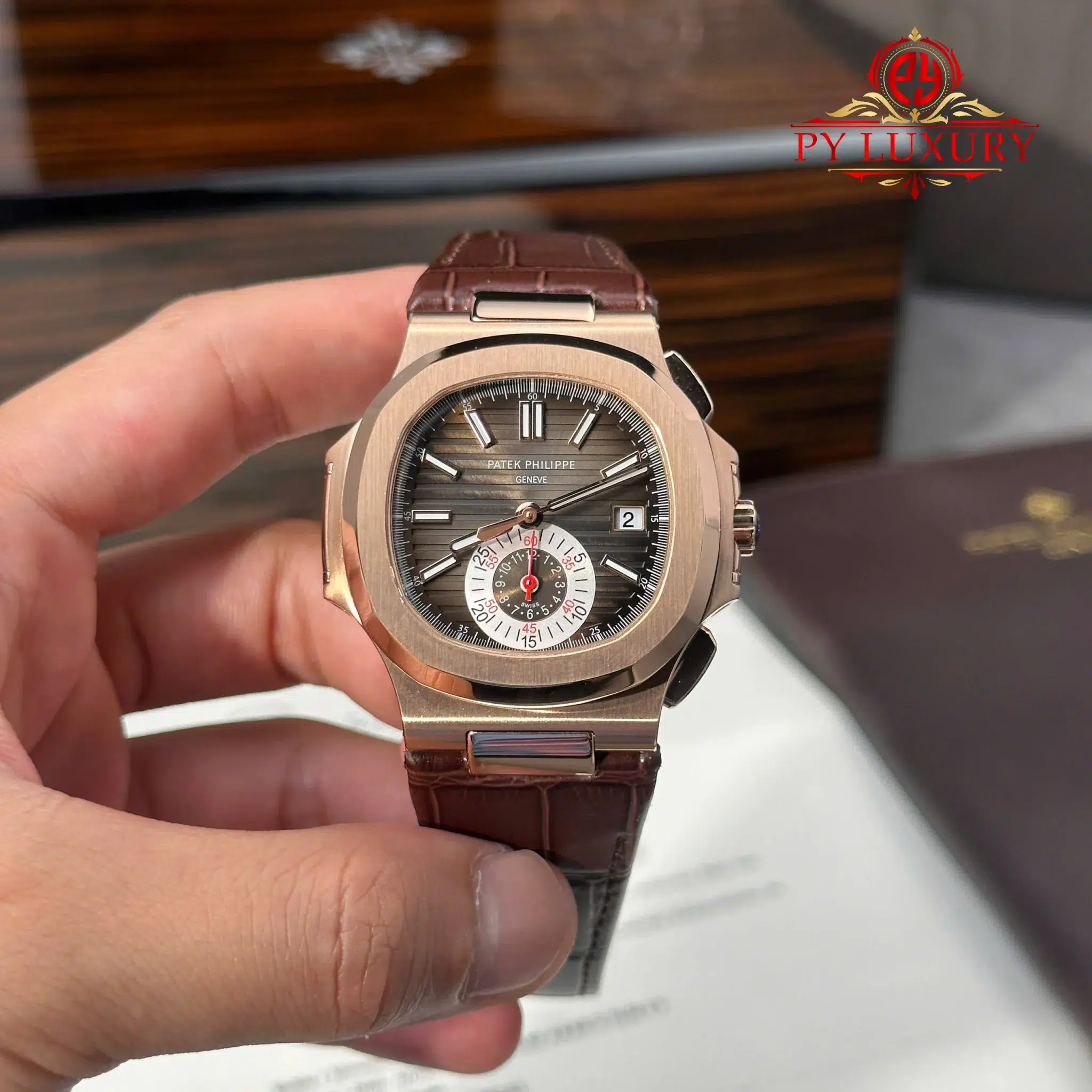 Patek Philippe Nautilus 5980R-001 Chronograph Rose Gold Brown Dial Leather Strap - 1 Patek Philippe Nautilus 5980R-001 Chronograph Rose Gold Brown Dial Leather Strap Best Replica P1 Factory 40mm