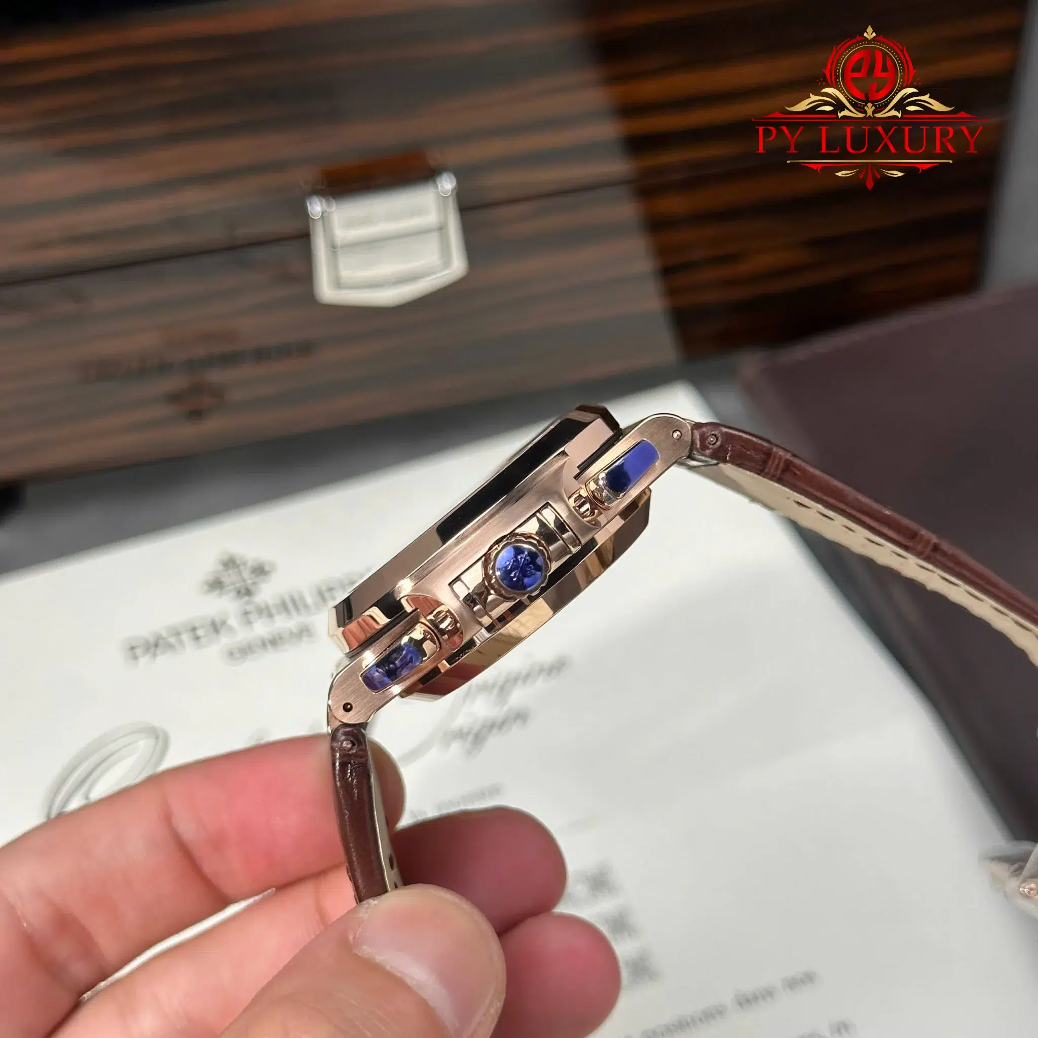 Patek Philippe Nautilus 5980R-001 Chronograph Rose Gold Brown Dial Leather Strap - 10