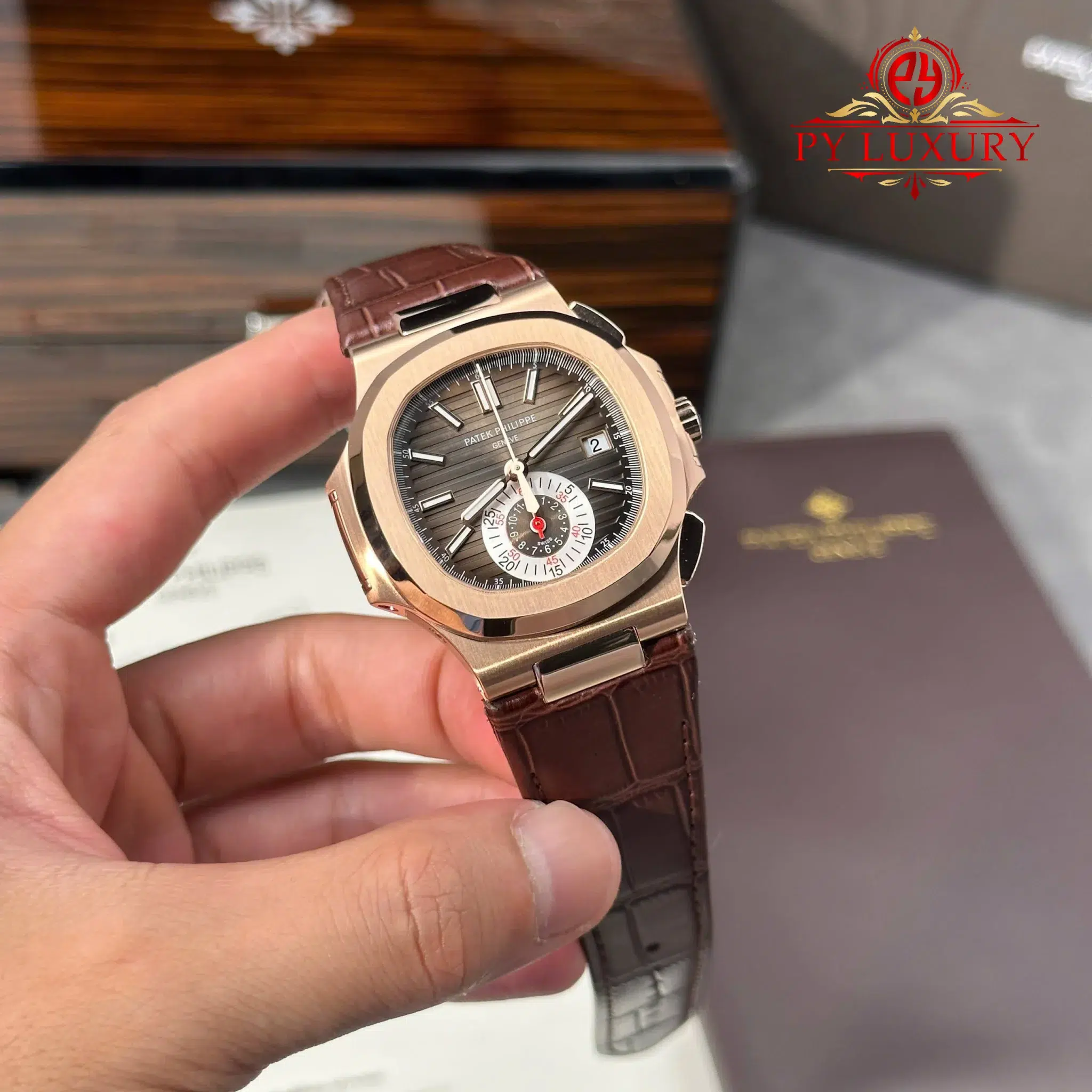 Patek Philippe Nautilus 5980R-001 Chronograph Rose Gold Brown Dial Leather Strap - 2