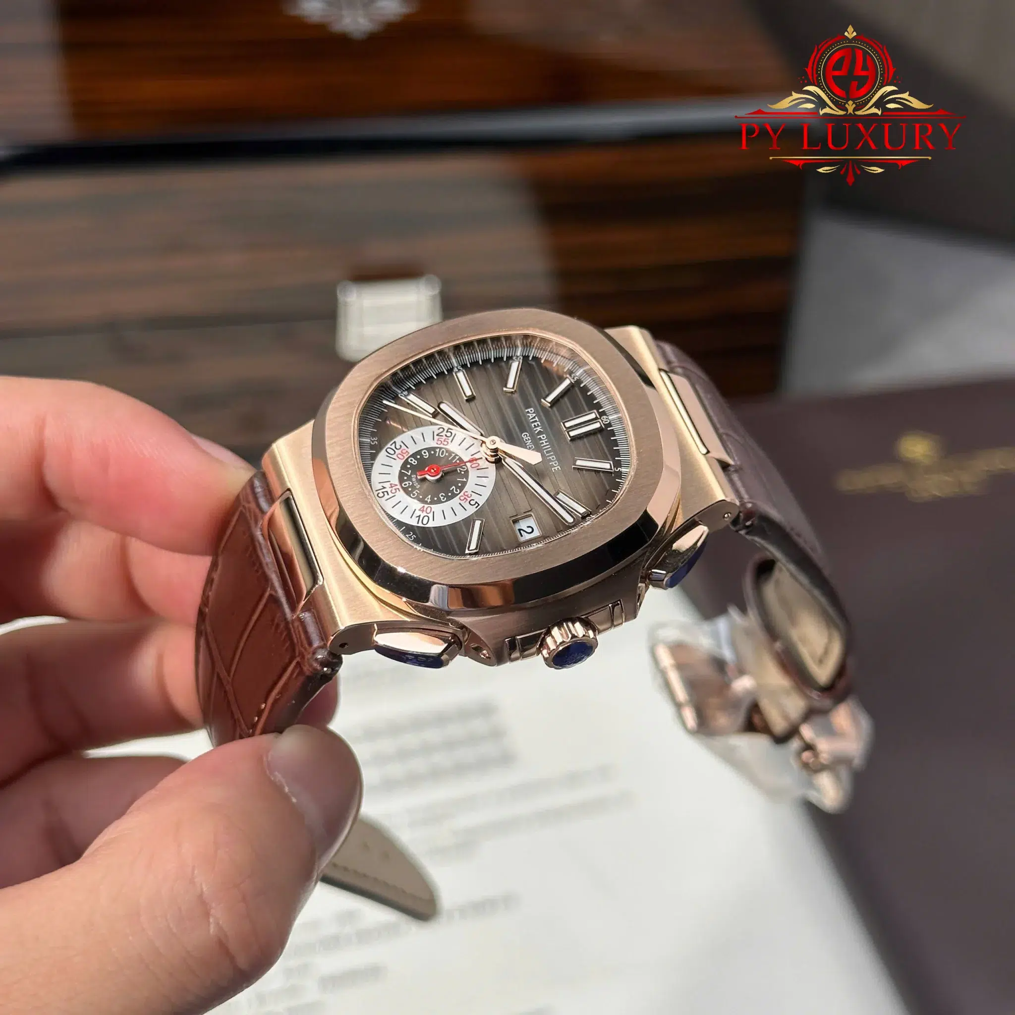 Patek Philippe Nautilus 5980R-001 Chronograph Rose Gold Brown Dial Leather Strap - 3