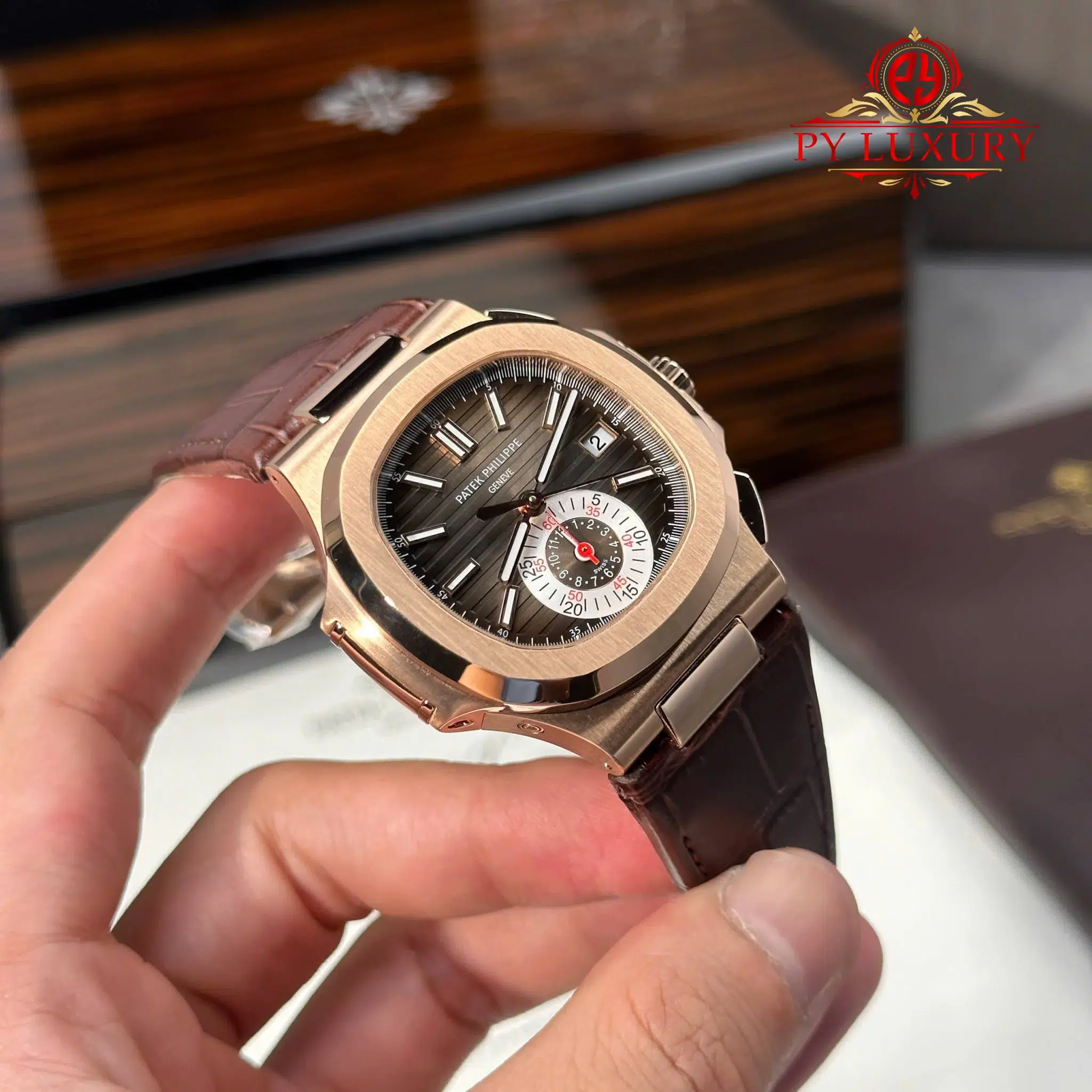 Patek Philippe Nautilus 5980R-001 Chronograph Rose Gold Brown Dial Leather Strap - 4