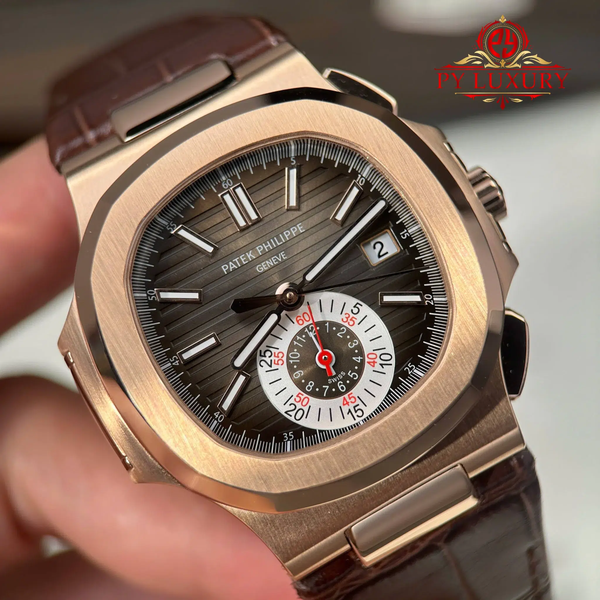 Patek Philippe Nautilus 5980R-001 Chronograph Rose Gold Brown Dial Leather Strap - 5
