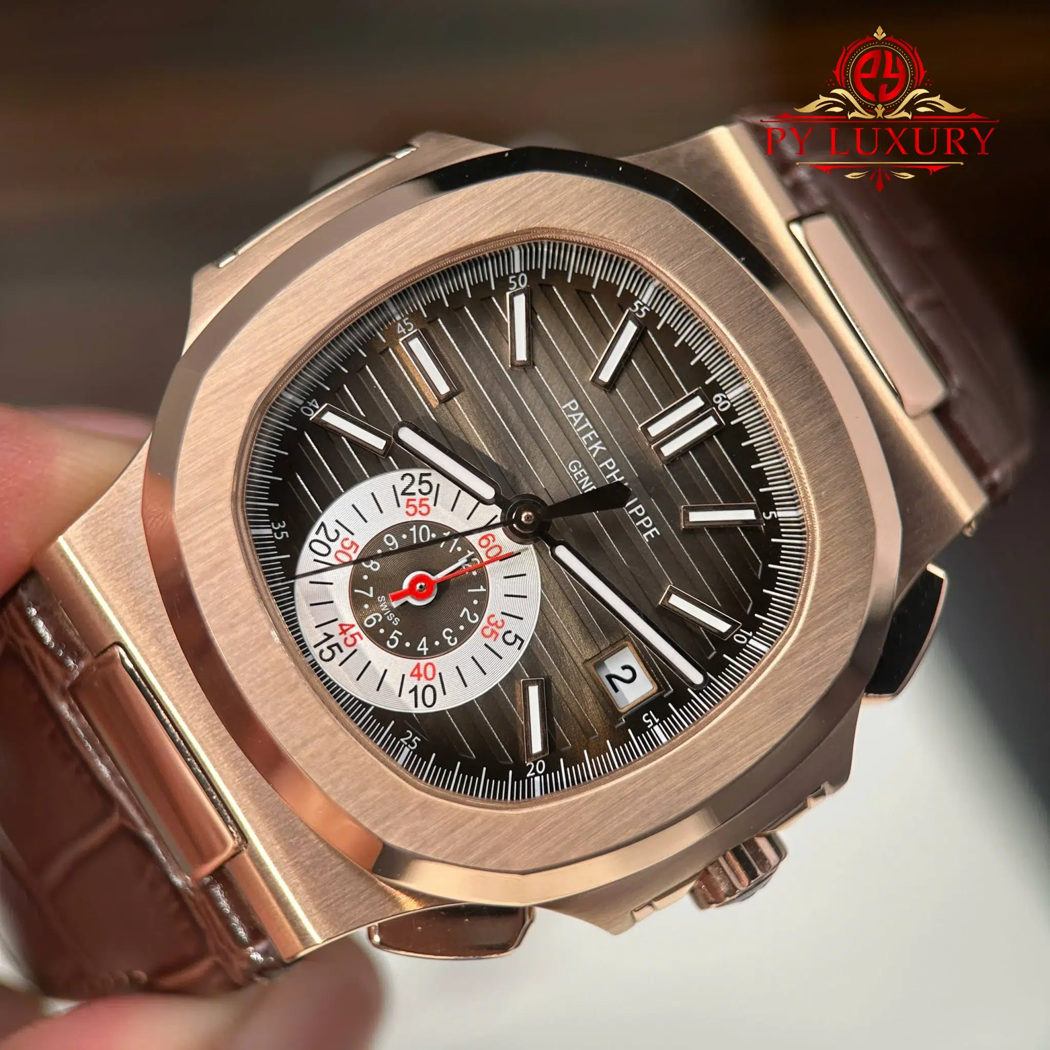 Patek Philippe Nautilus 5980R-001 Chronograph Rose Gold Brown Dial Leather Strap - 6
