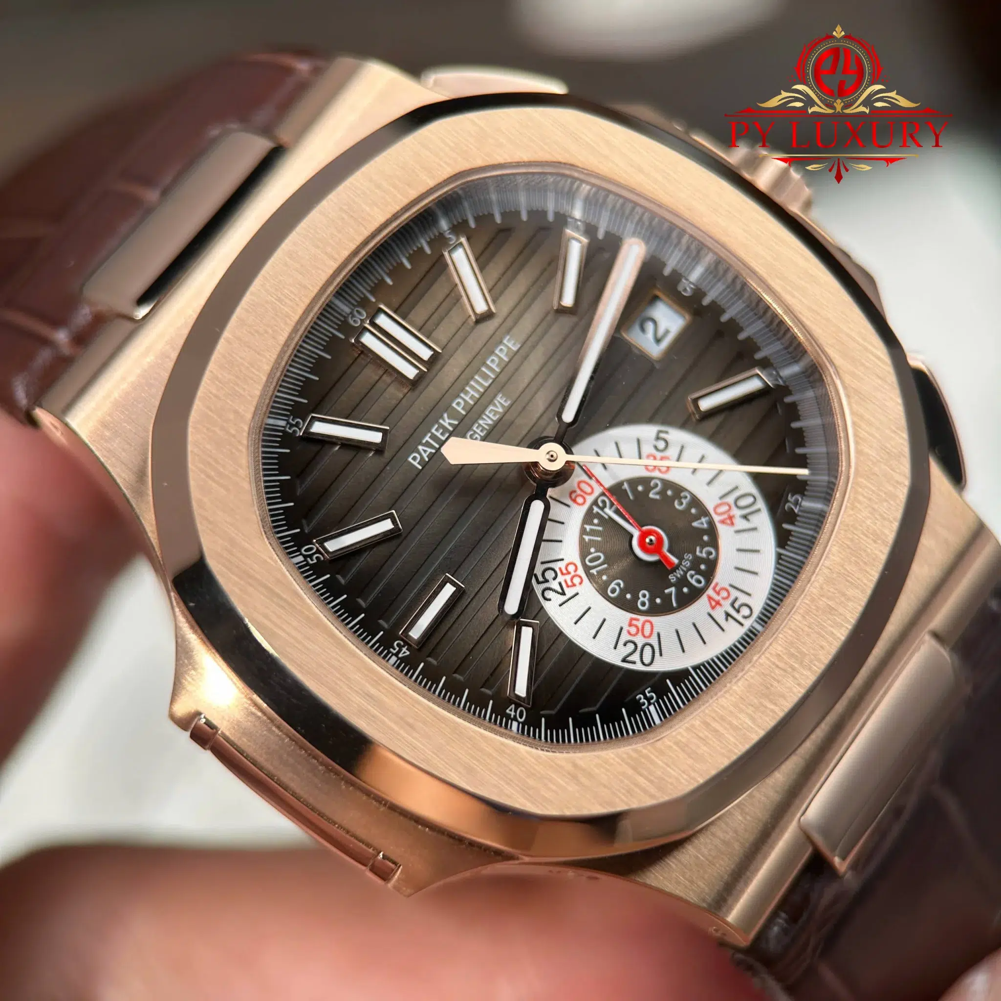 Patek Philippe Nautilus 5980R-001 Chronograph Rose Gold Brown Dial Leather Strap - 7