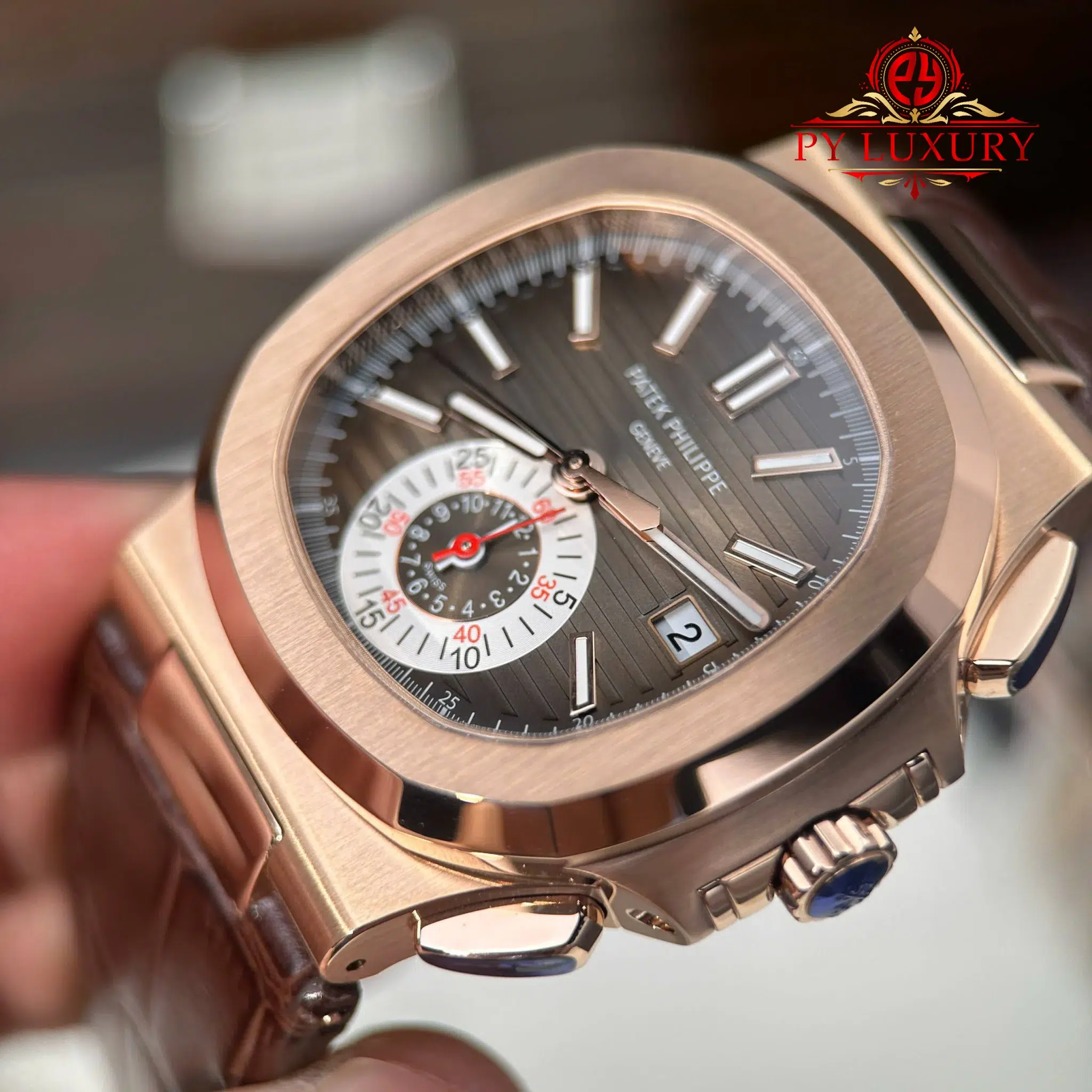 Patek Philippe Nautilus 5980R-001 Chronograph Rose Gold Brown Dial Leather Strap - 8
