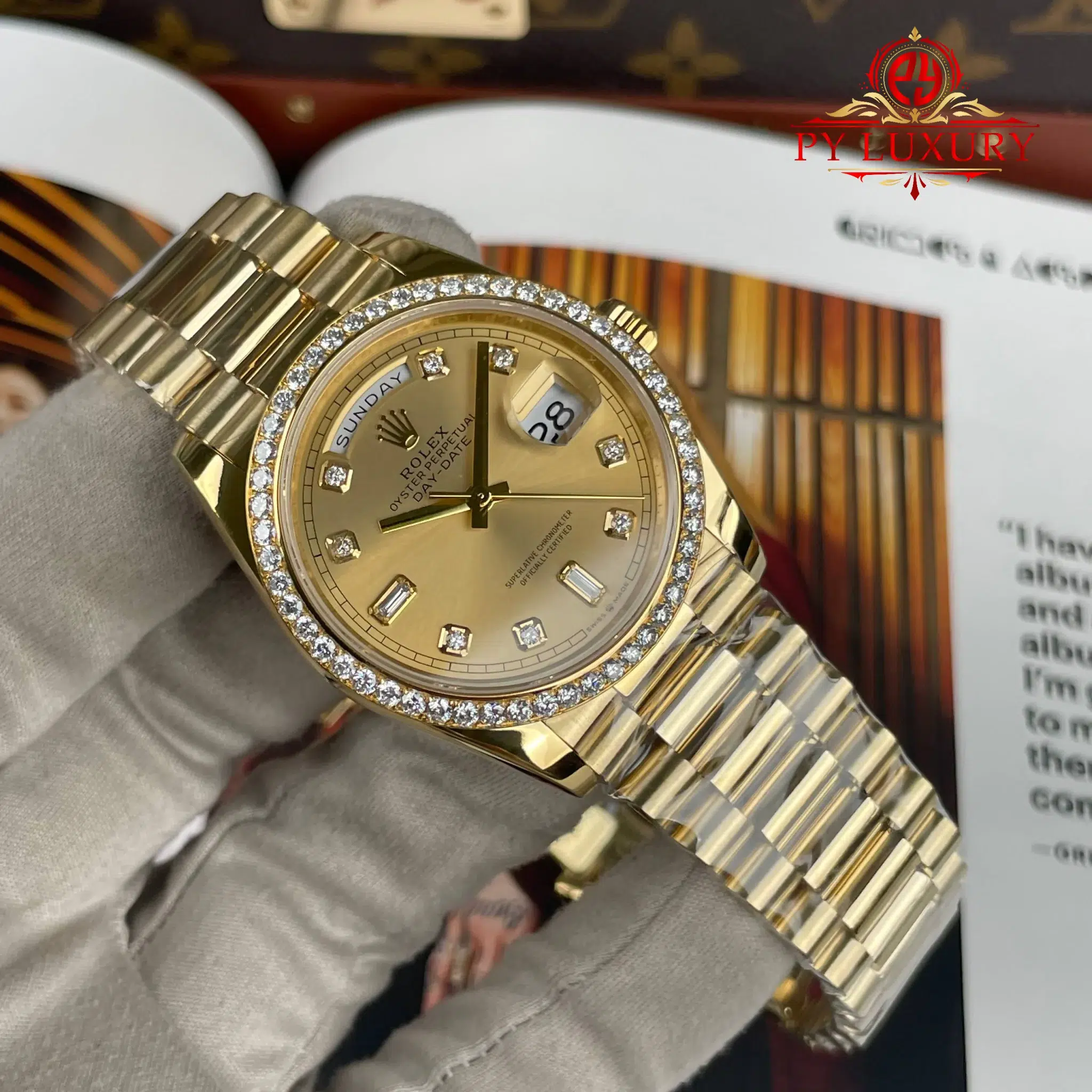 Rolex Day-Date 128348RBR-0008 Champagne Dial 18K Gold Plating Custom Diamond Bezel Super Clone - 2
