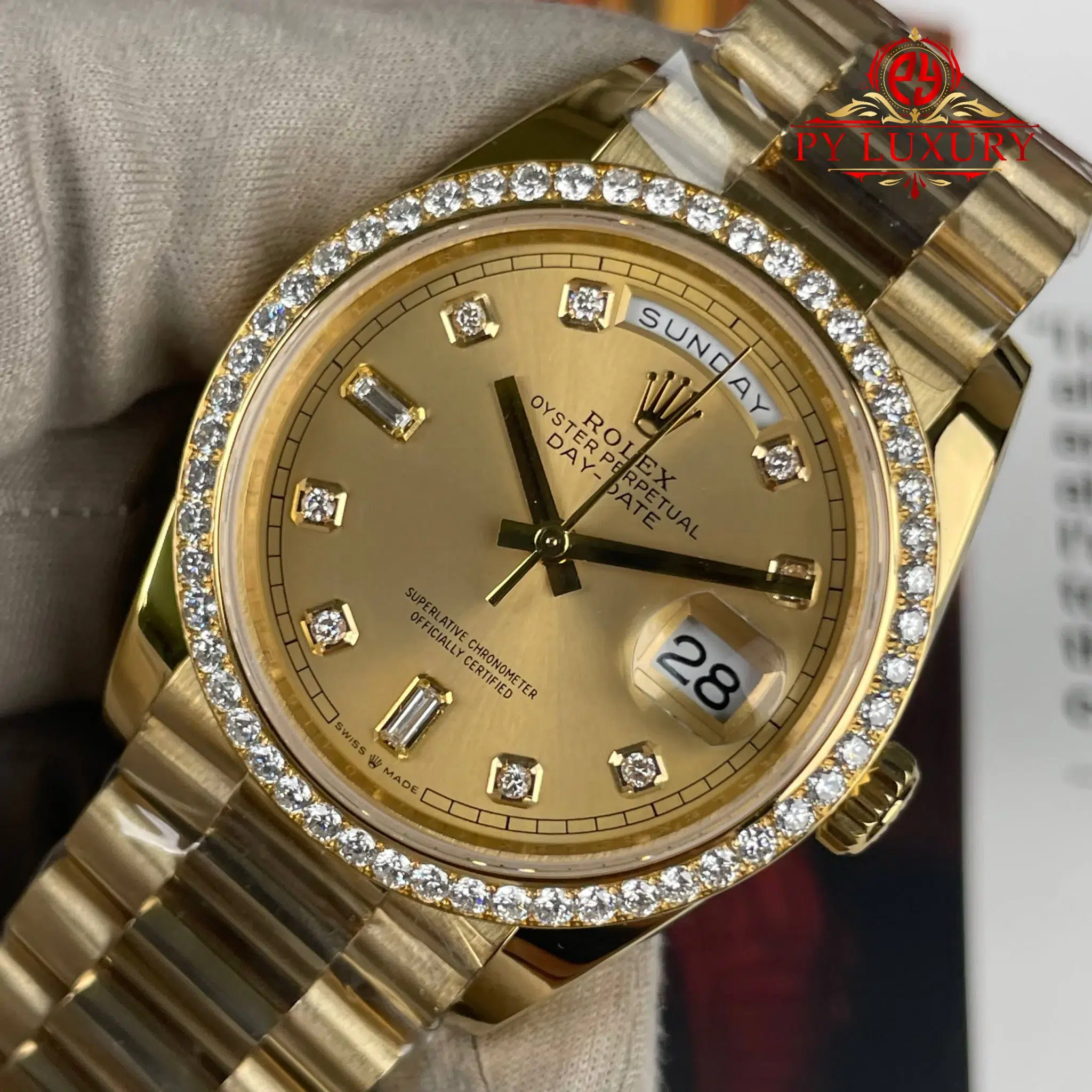 Rolex Day-Date 128348RBR-0008 Champagne Dial 18K Gold Plating Custom Diamond Bezel Super Clone - 3