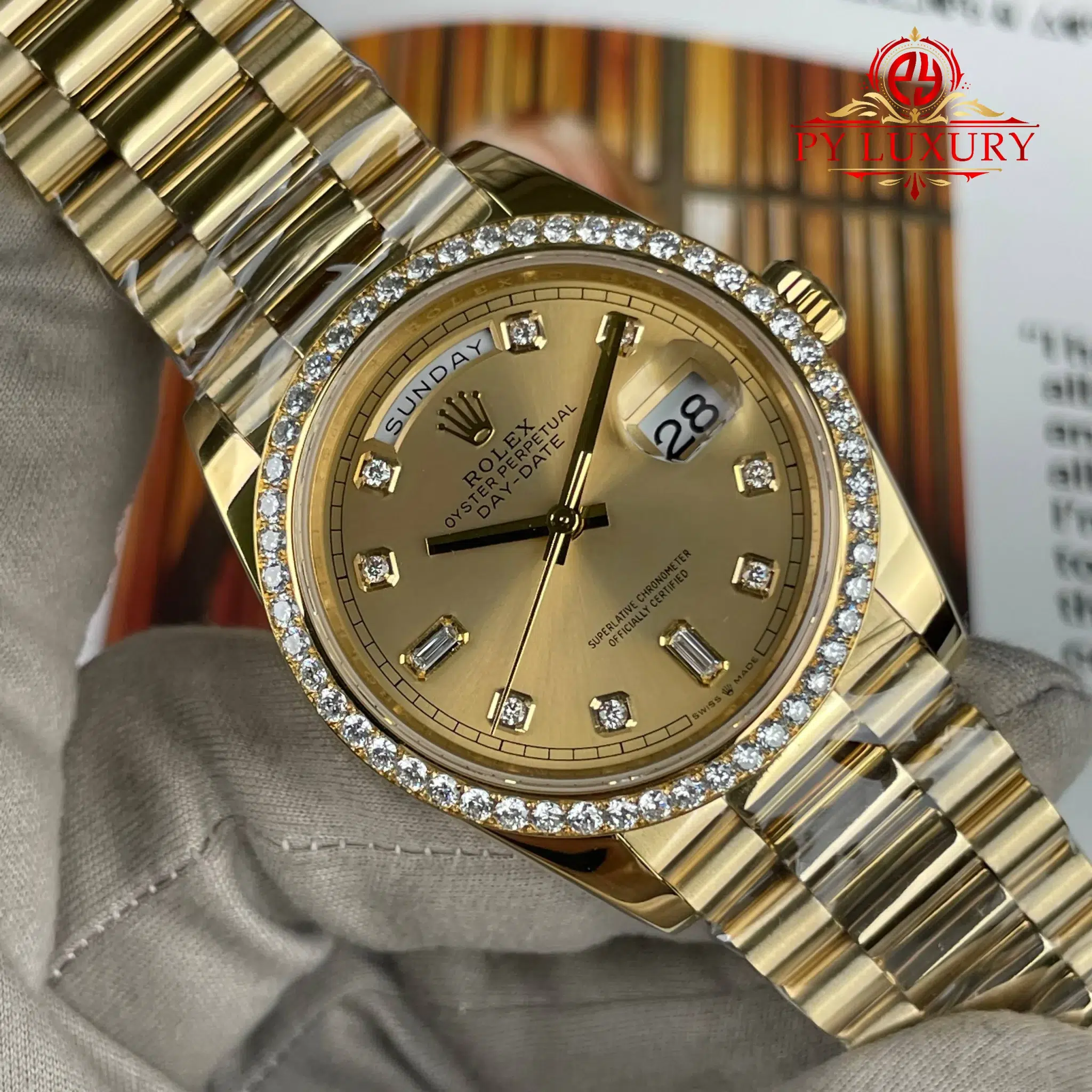 Rolex Day-Date 128348RBR-0008 Champagne Dial 18K Gold Plating Custom Diamond Bezel Super Clone - 4