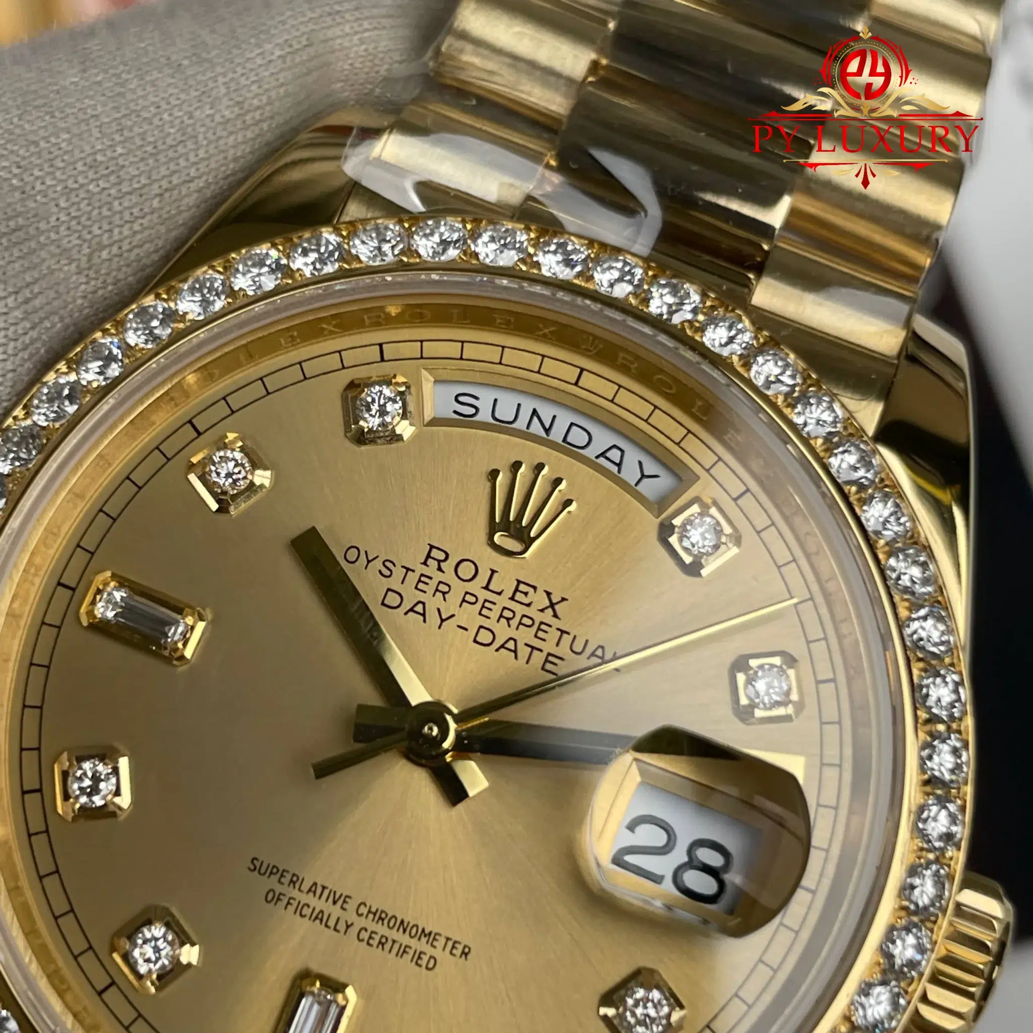 Rolex Day-Date 128348RBR-0008 Champagne Dial 18K Gold Plating Custom Diamond Bezel Super Clone - 5