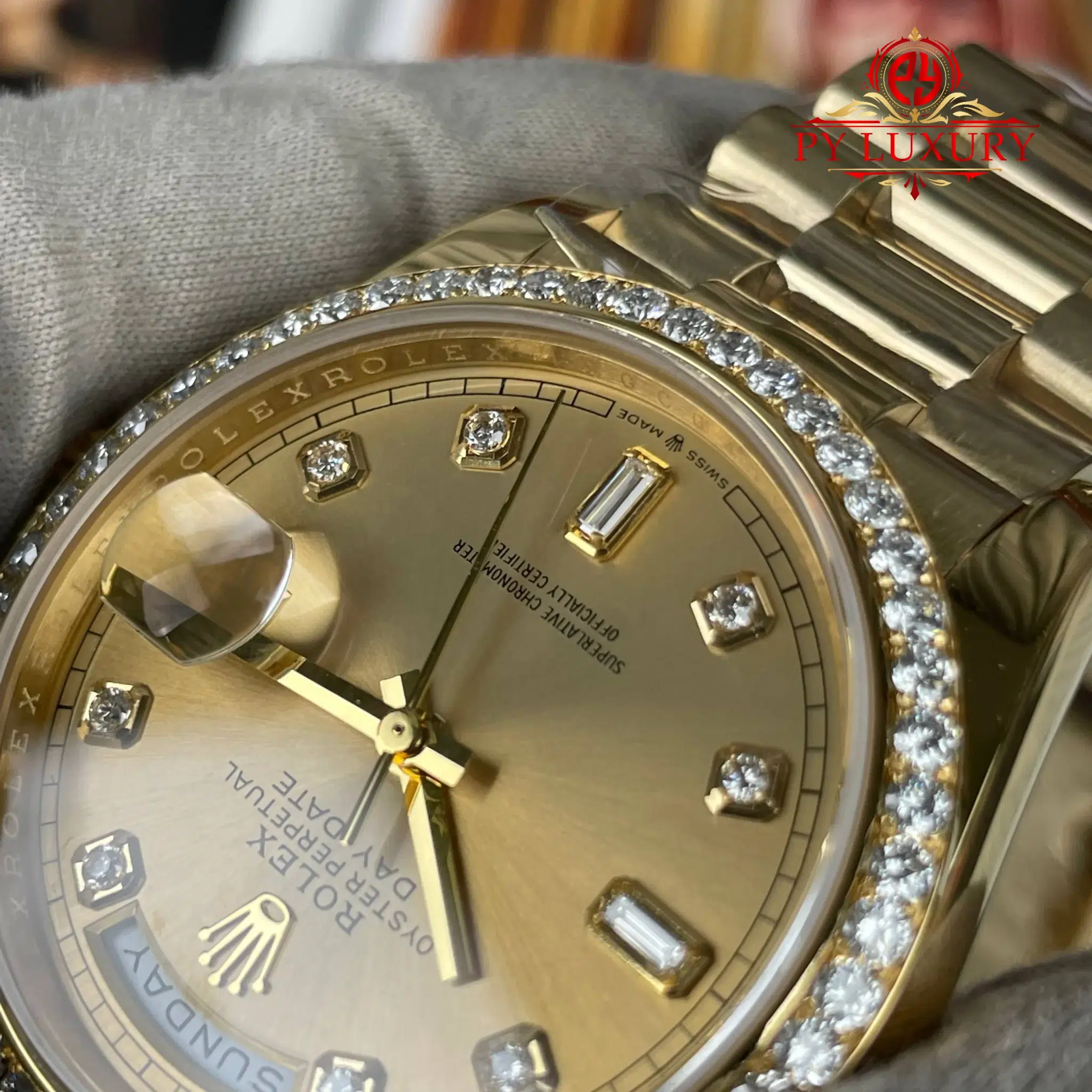 Rolex Day-Date 128348RBR-0008 Champagne Dial 18K Gold Plating Custom Diamond Bezel Super Clone - 7